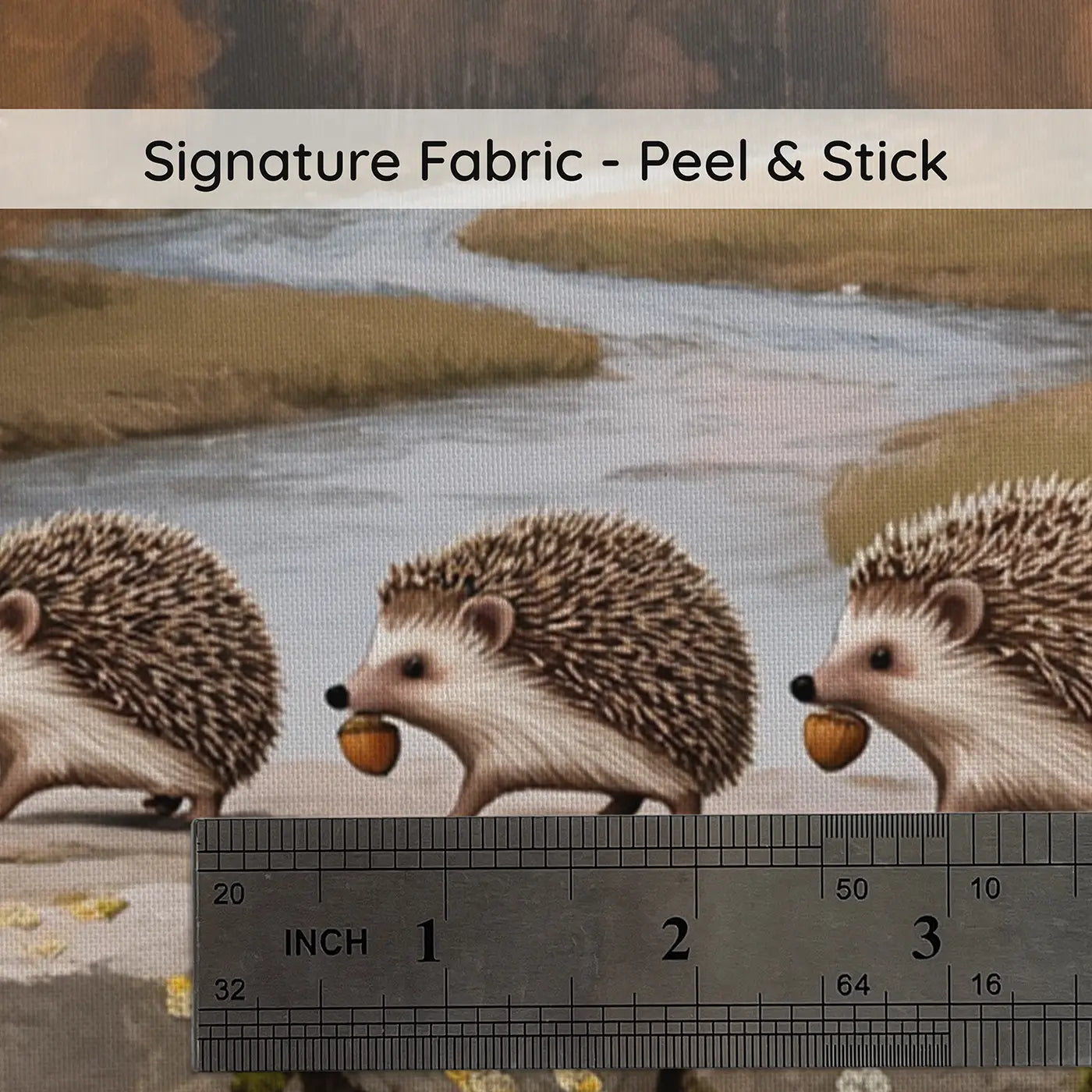 Fabric texture close-up of Hedgehog Bridge Crossing Wallpaper Mural by Whimsy Tots