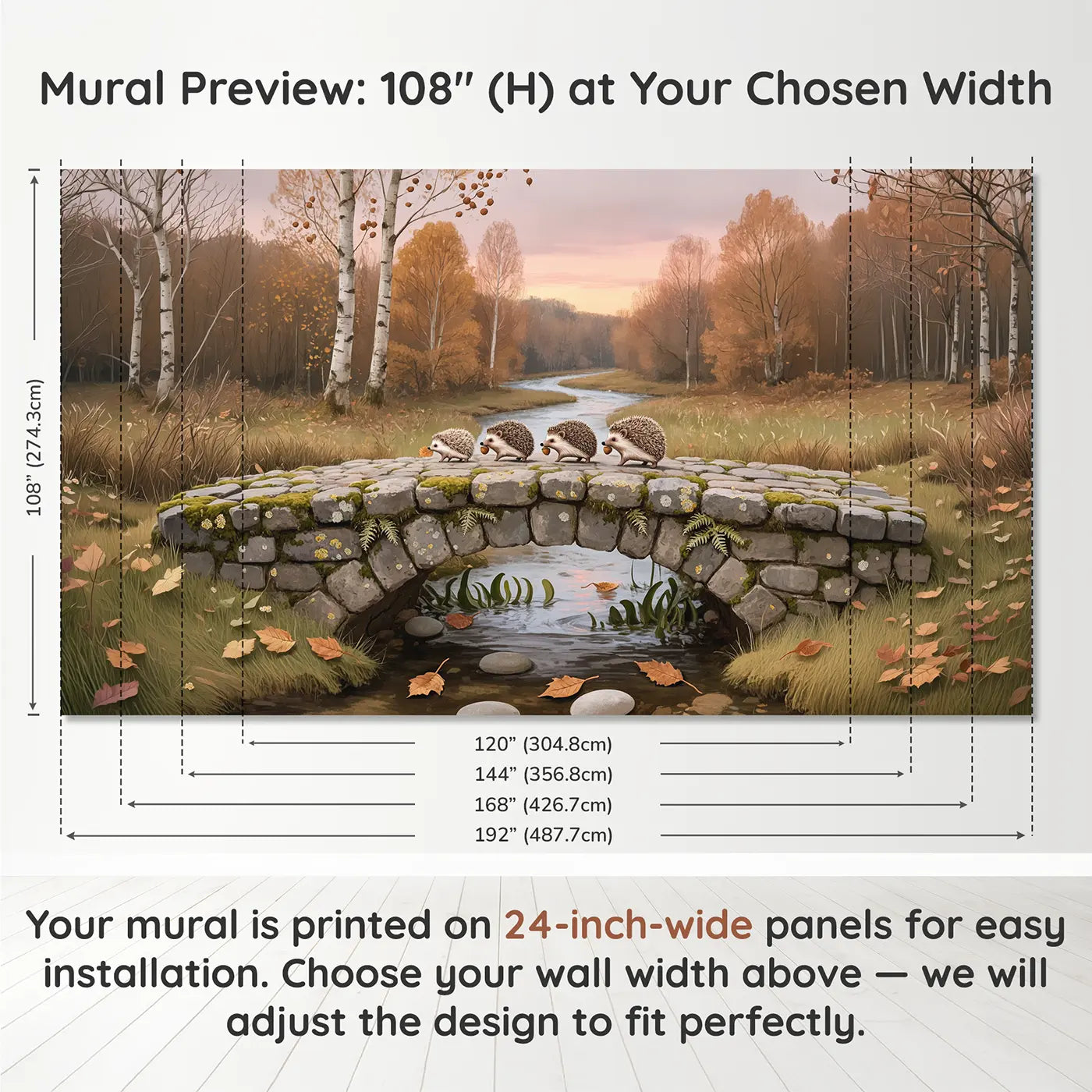 Panel layout and dimensions for Hedgehog Bridge Crossing Wallpaper Mural by Whimsy Tots