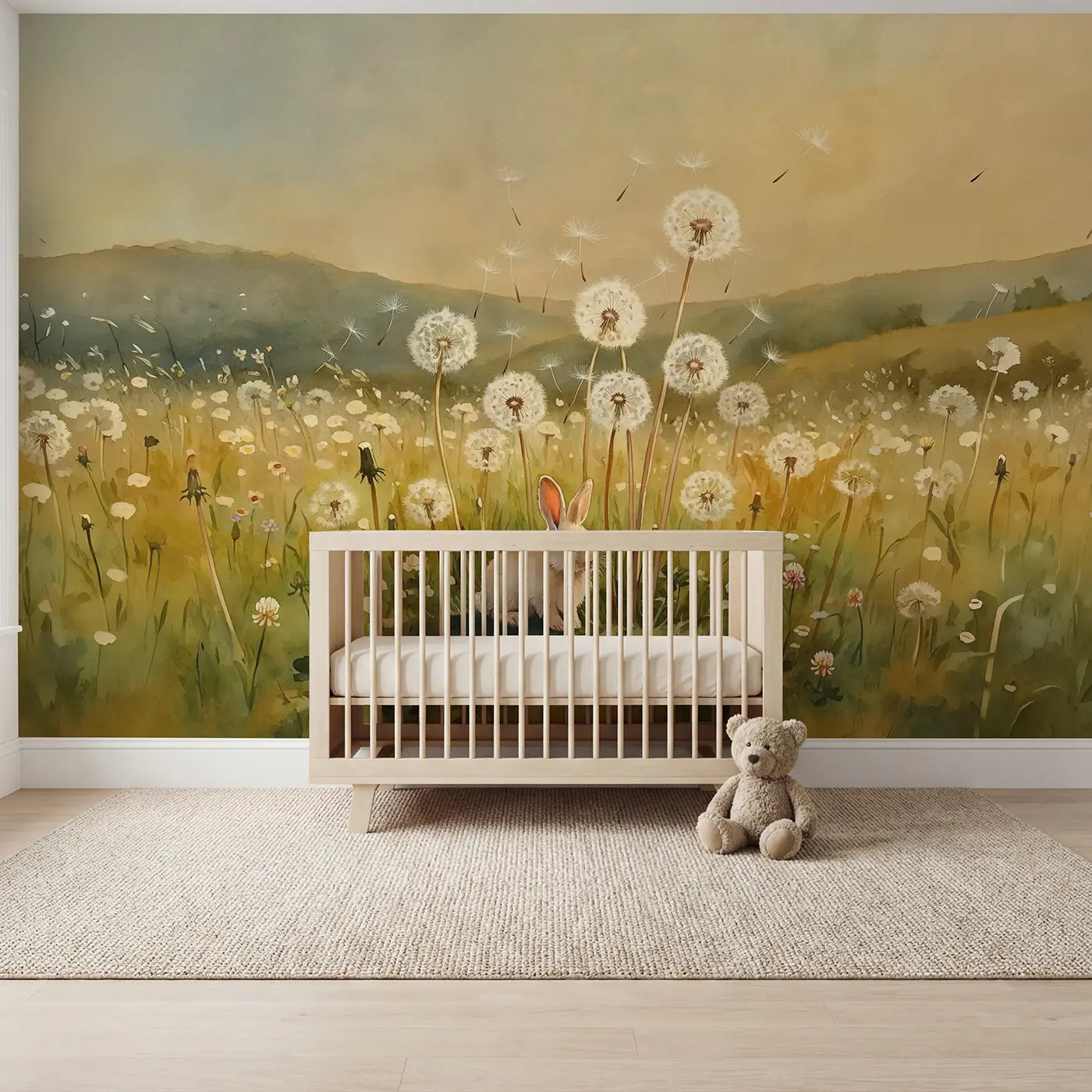 Watercolor bunny dandelion meadow wallpaper mural for nursery by Whimsy Tots