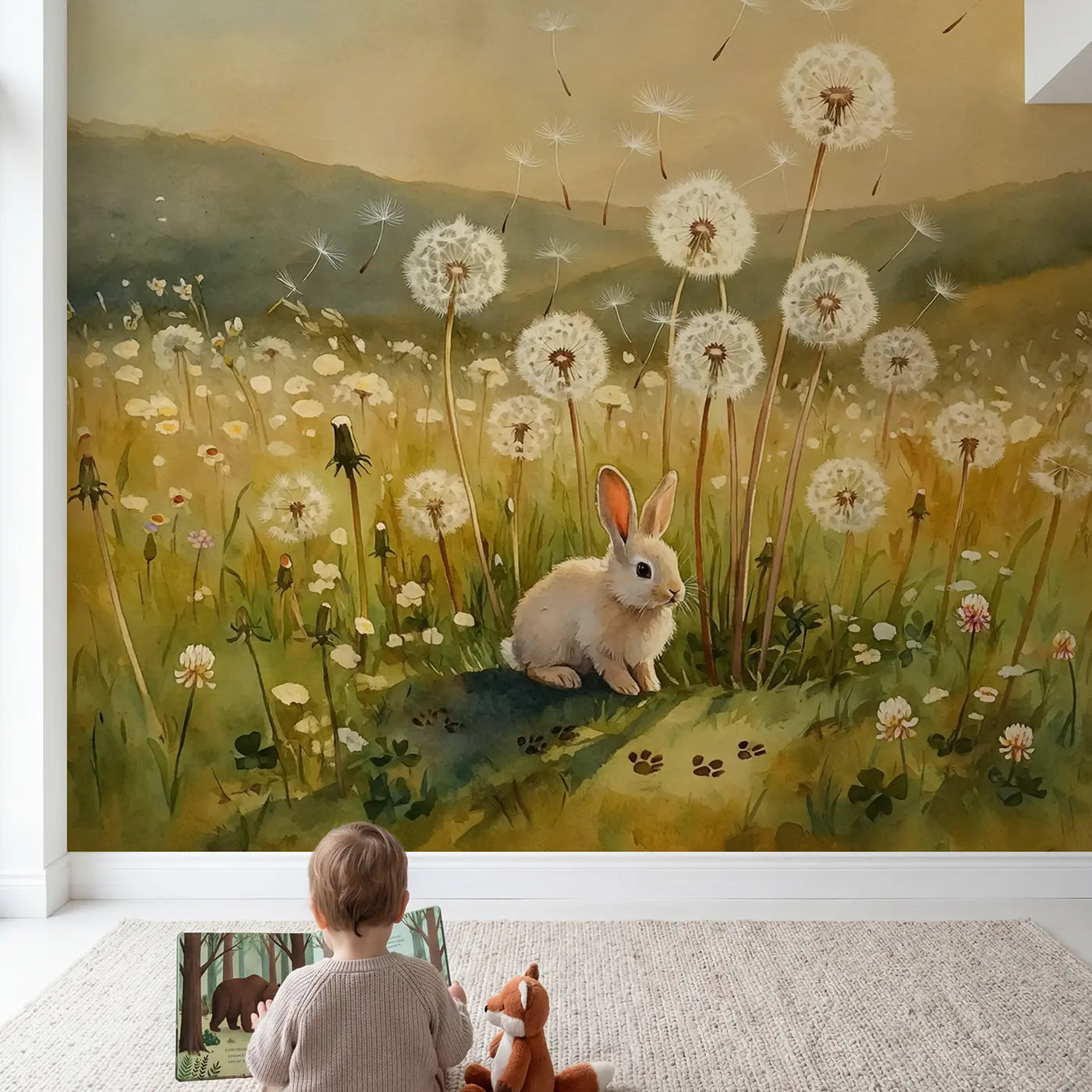 Child in nursery with Dandelion Bunny Meadow Wallpaper Mural by Whimsy Tots