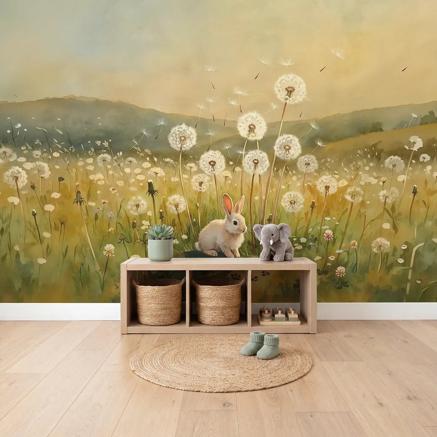 Dandelion Bunny Meadow Wallpaper Mural in playroom setting by Whimsy Tots