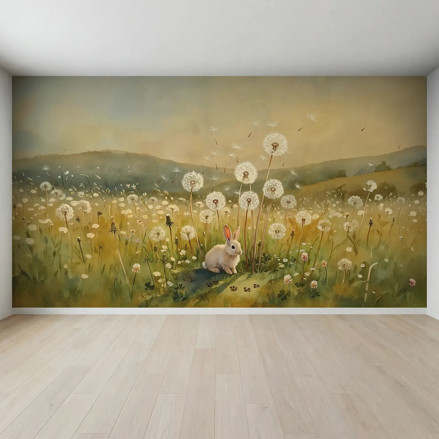 Full view of Dandelion Bunny Meadow Wallpaper Mural by Whimsy Tots