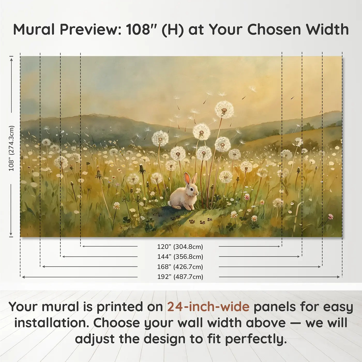 Panel layout and dimensions for Dandelion Bunny Meadow Wallpaper Mural by Whimsy Tots