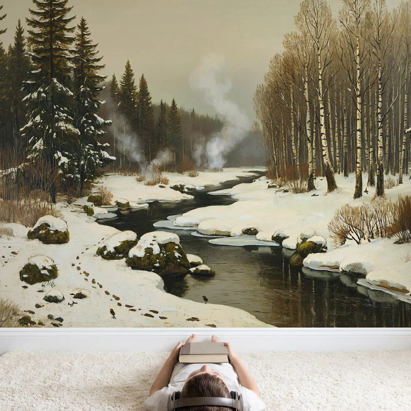 Child in nursery with Steaming Winter Stream Wallpaper Mural by Whimsy Tots
