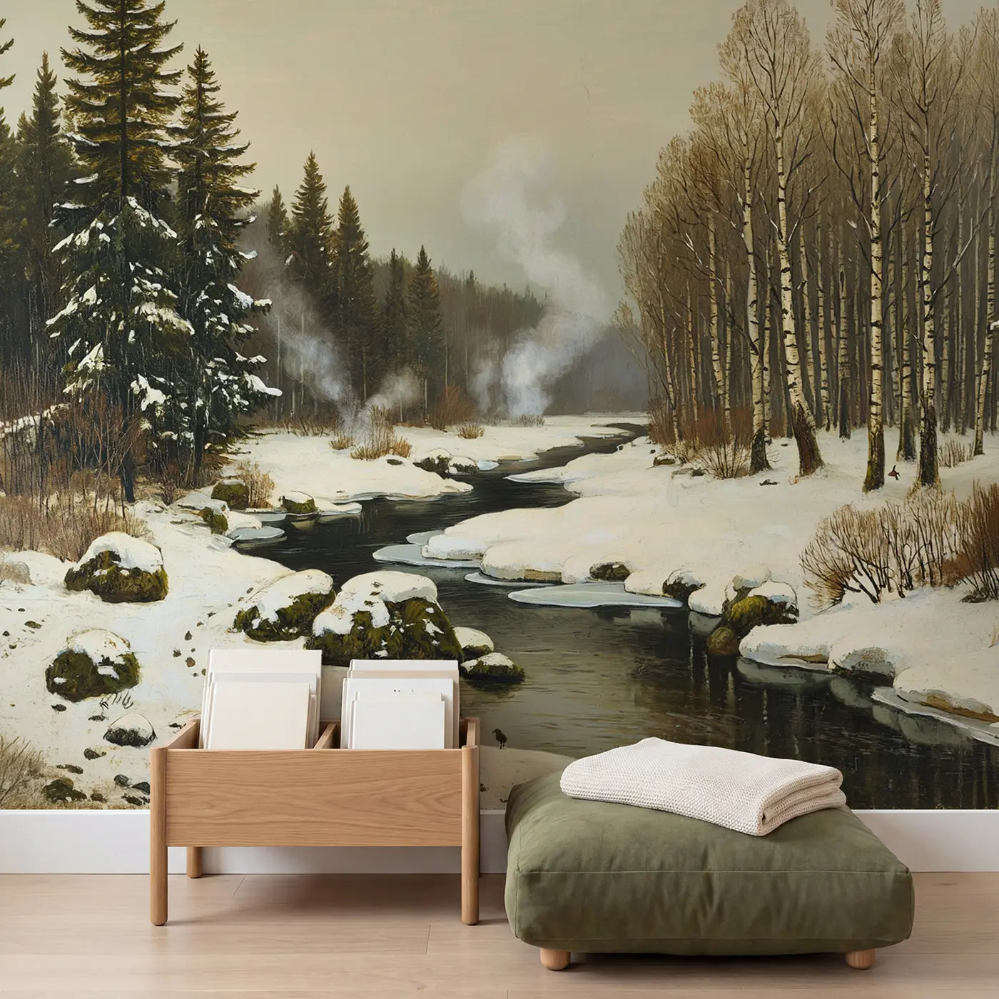 Steaming Winter Stream Wallpaper Mural in playroom setting by Whimsy Tots