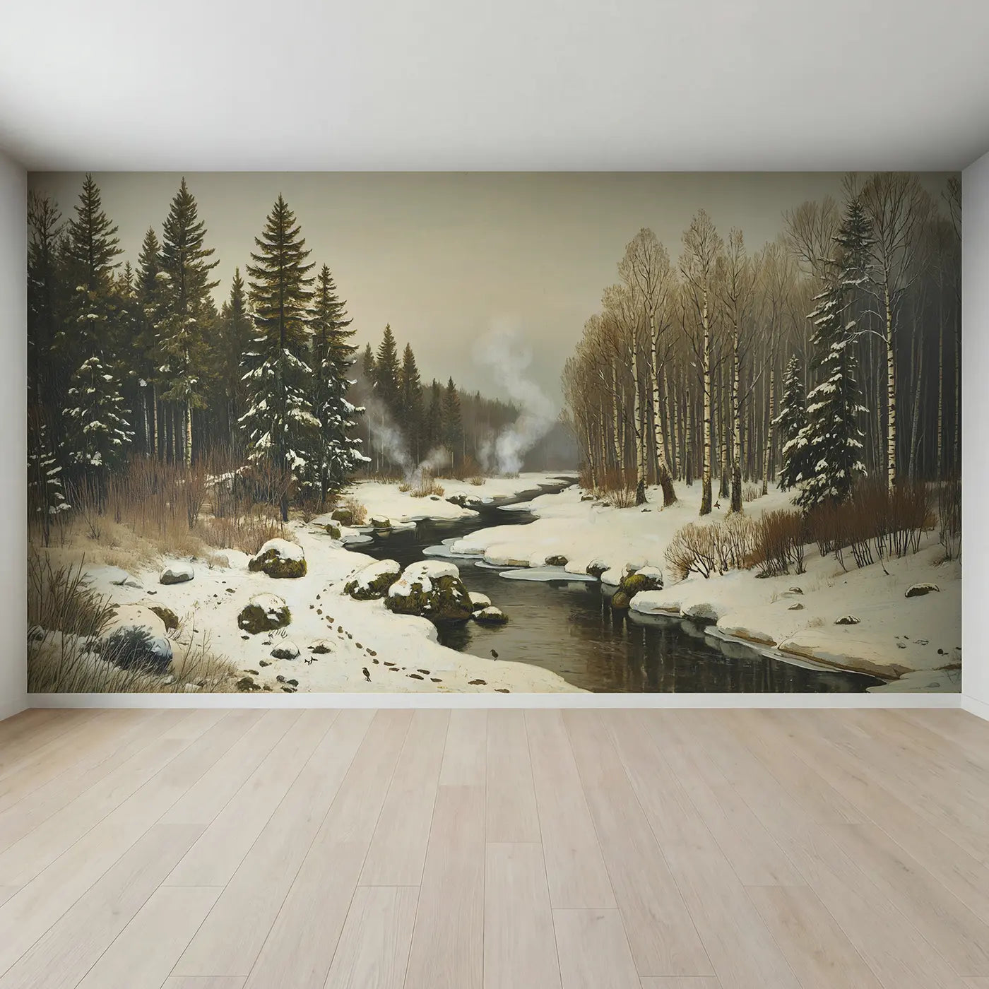 Full view of Steaming Winter Stream Wallpaper Mural by Whimsy Tots