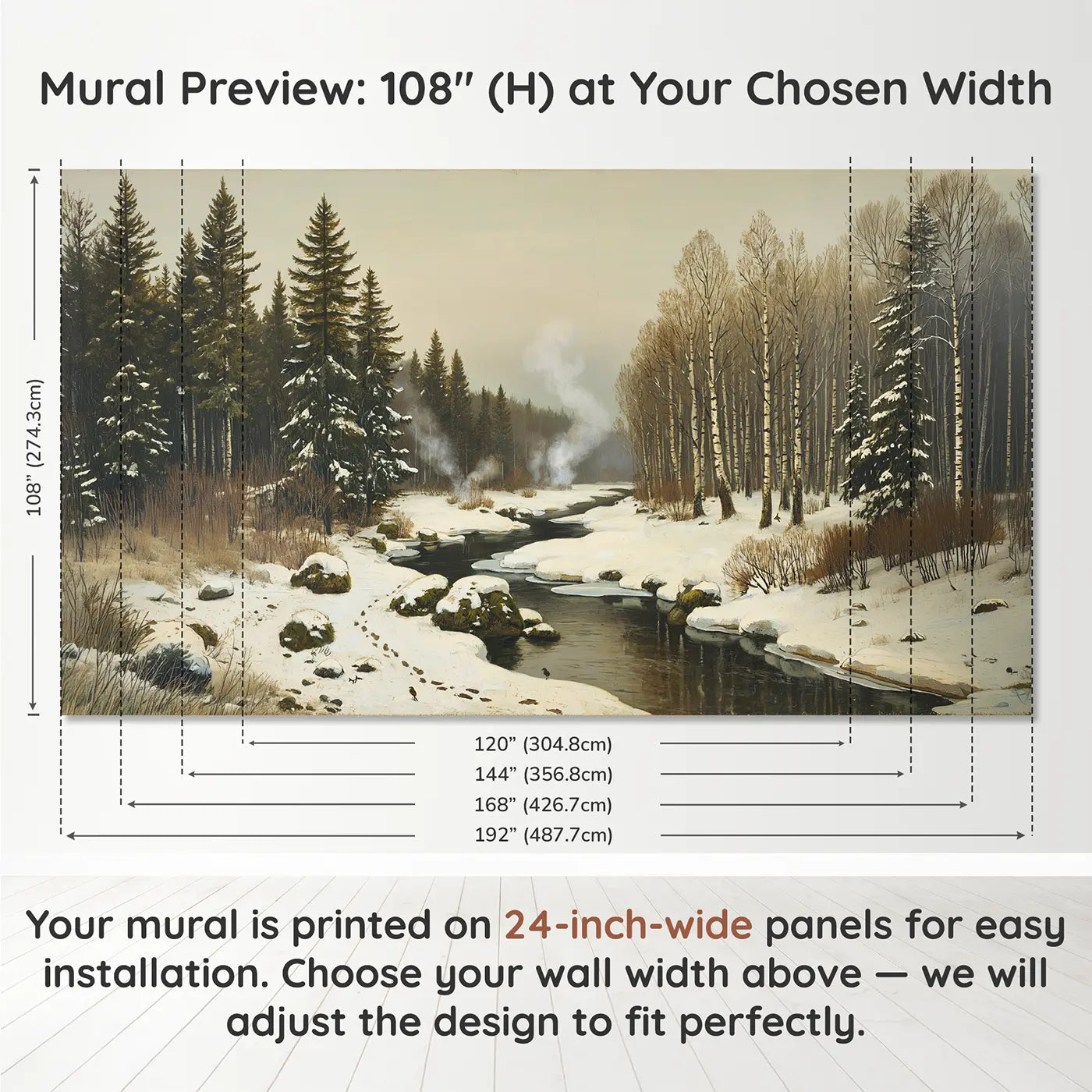 Panel layout and dimensions for Steaming Winter Stream Wallpaper Mural by Whimsy Tots