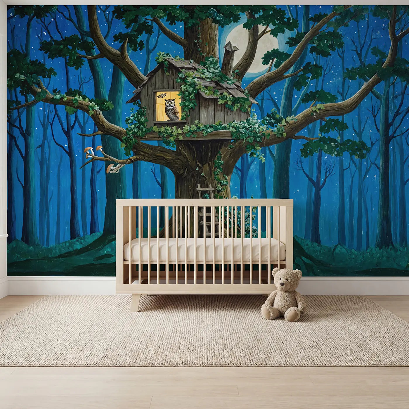 Modern illustration treehouse owl moonlight wallpaper mural for kids room by Whimsy Tots