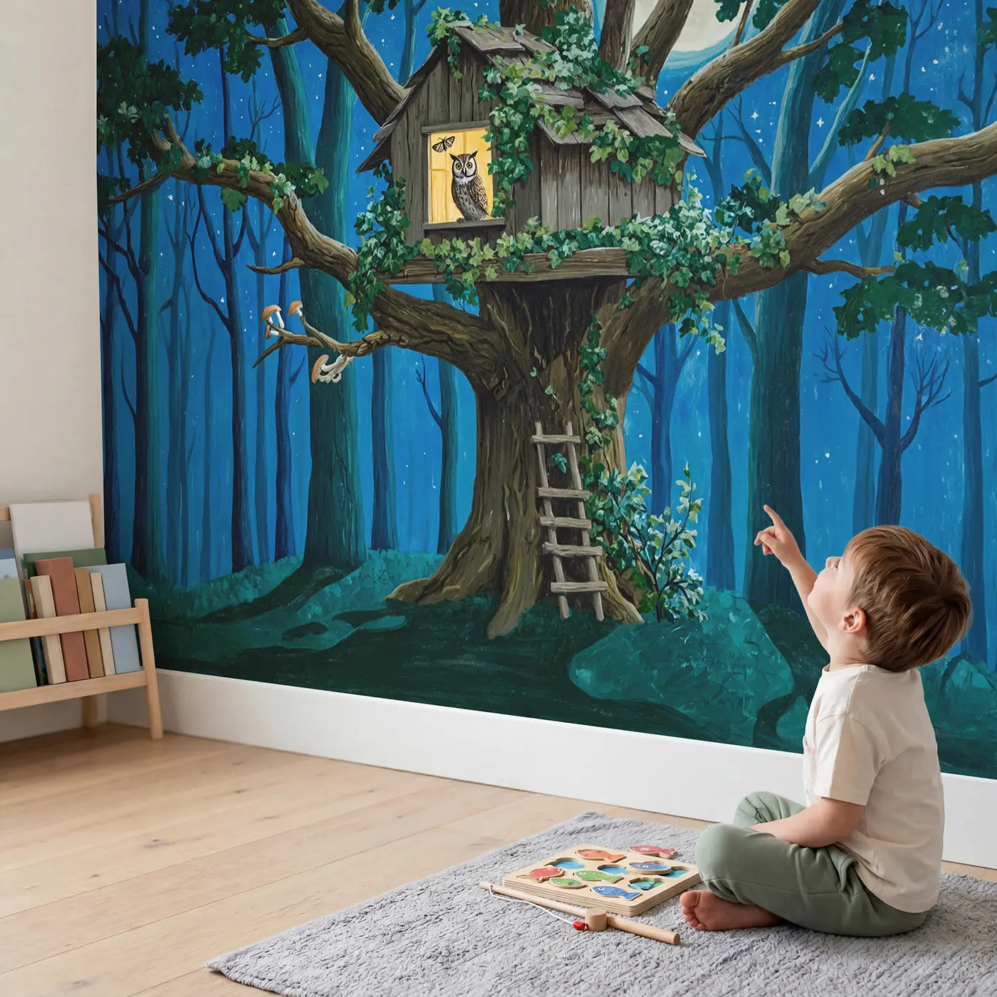Child in nursery with Treehouse Owl Moonlight Wallpaper Mural by Whimsy Tots