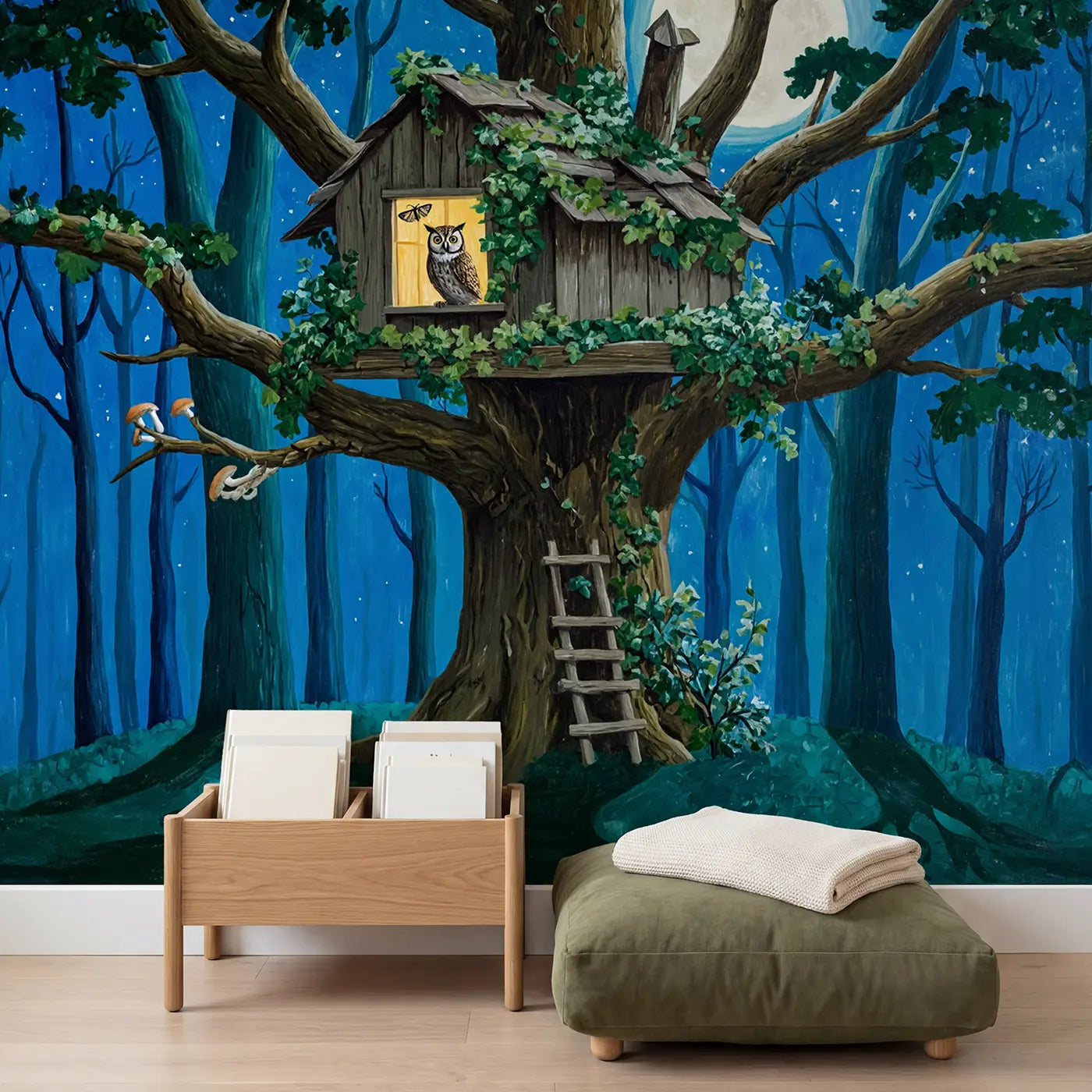 Treehouse Owl Moonlight Wallpaper Mural in playroom setting by Whimsy Tots