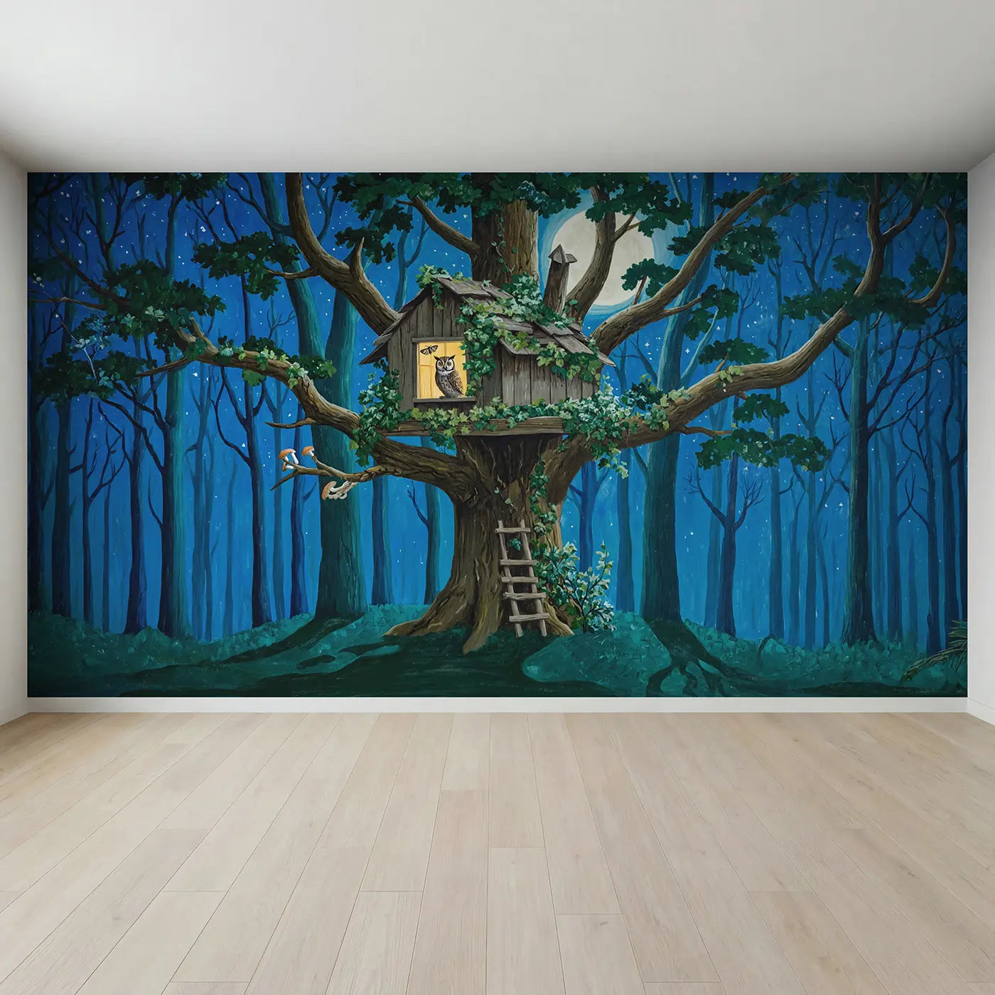 Full view of Treehouse Owl Moonlight Wallpaper Mural by Whimsy Tots