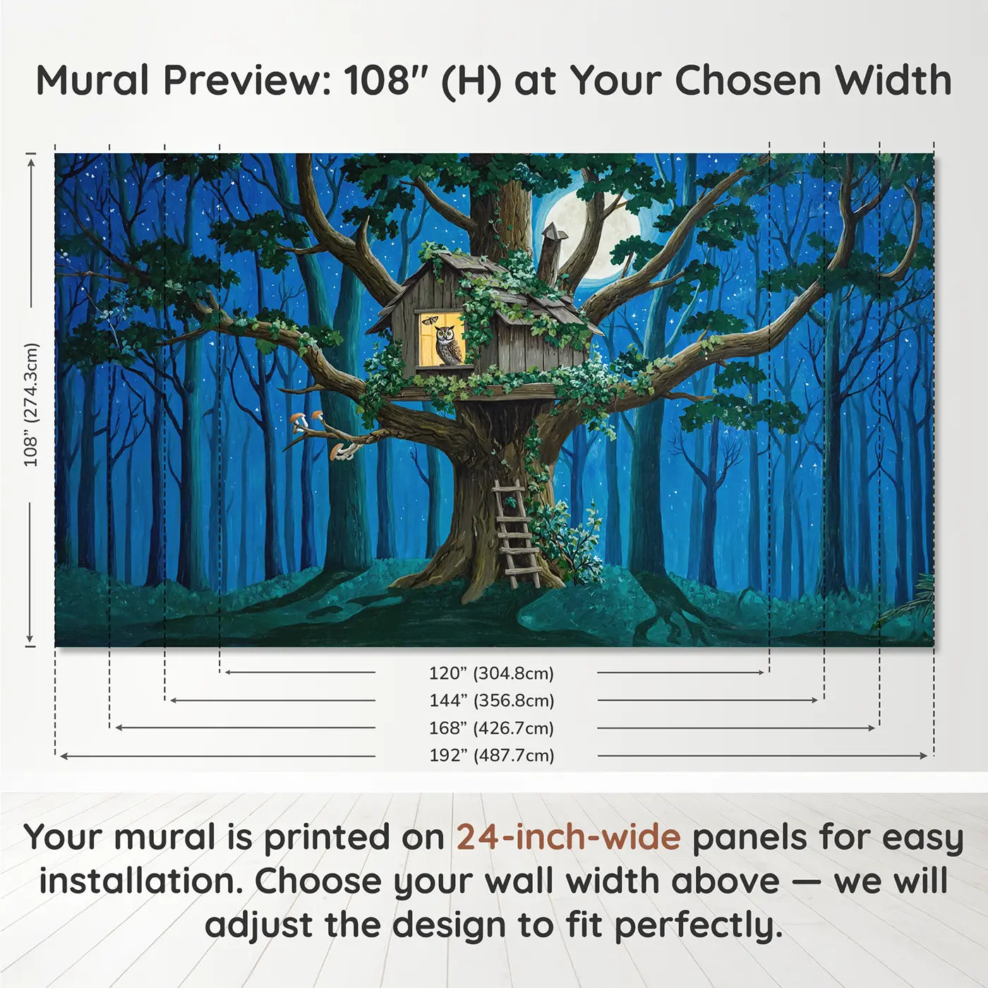 Panel layout and dimensions for Treehouse Owl Moonlight Wallpaper Mural by Whimsy Tots