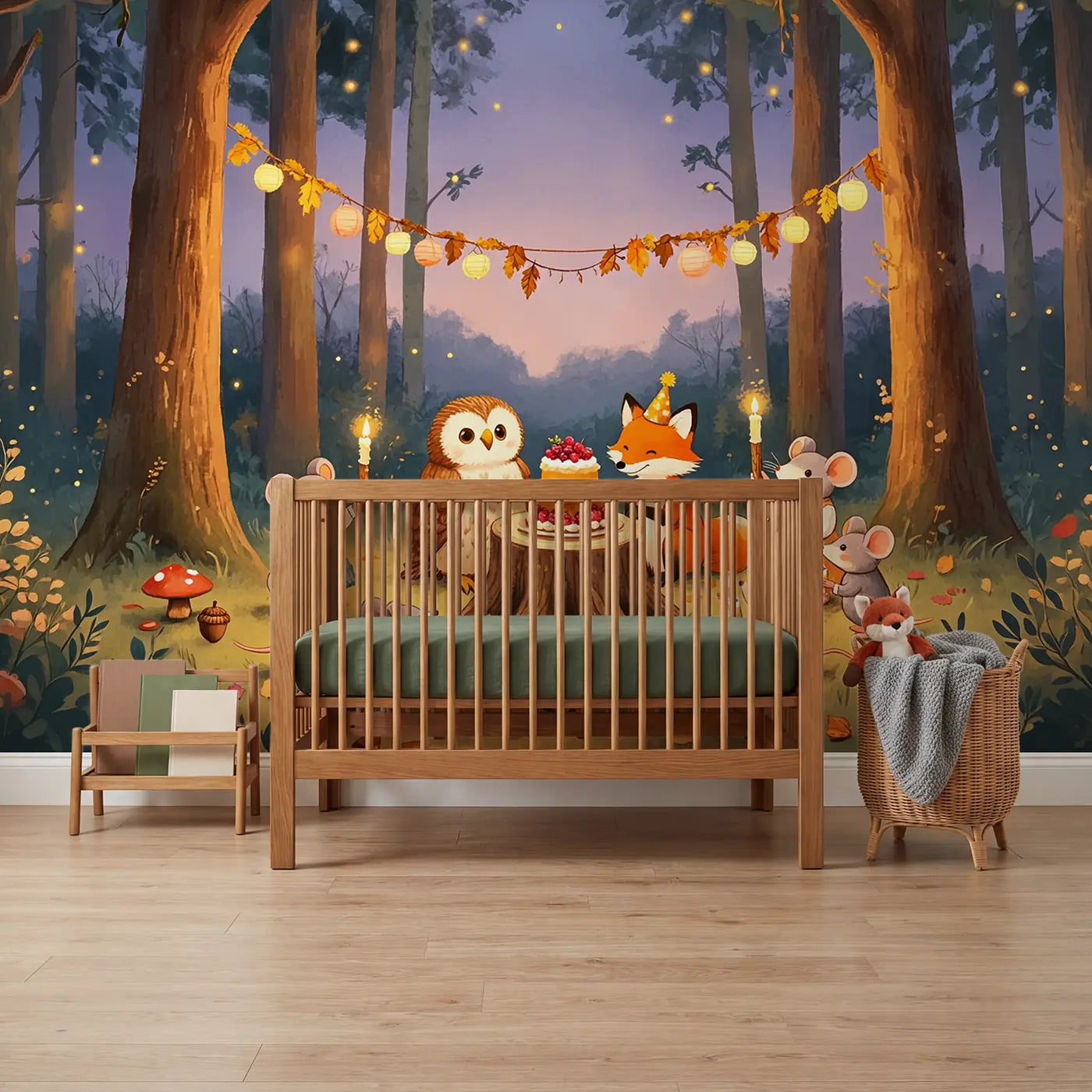 Soft pastel woodland animal birthday party wallpaper mural for boys room by Whimsy Tots