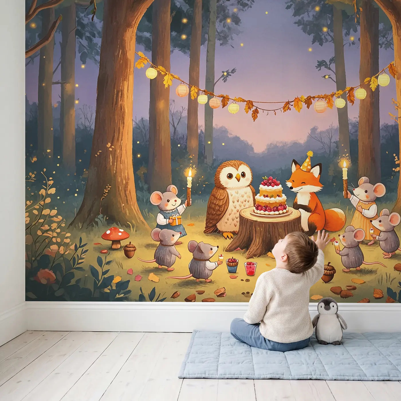 Child in nursery with Forest Birthday Party Wallpaper Mural by Whimsy Tots