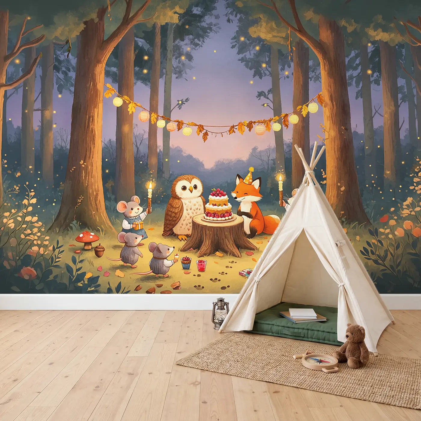 Forest Birthday Party Wallpaper Mural in playroom setting by Whimsy Tots