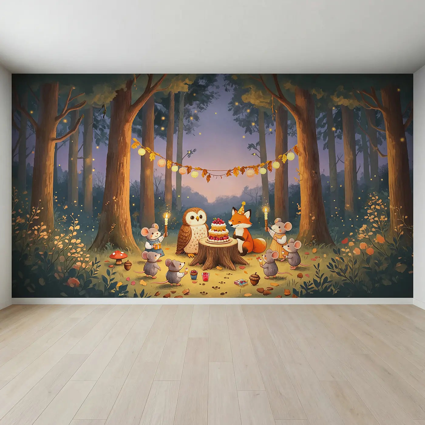 Full view of Forest Birthday Party Wallpaper Mural by Whimsy Tots