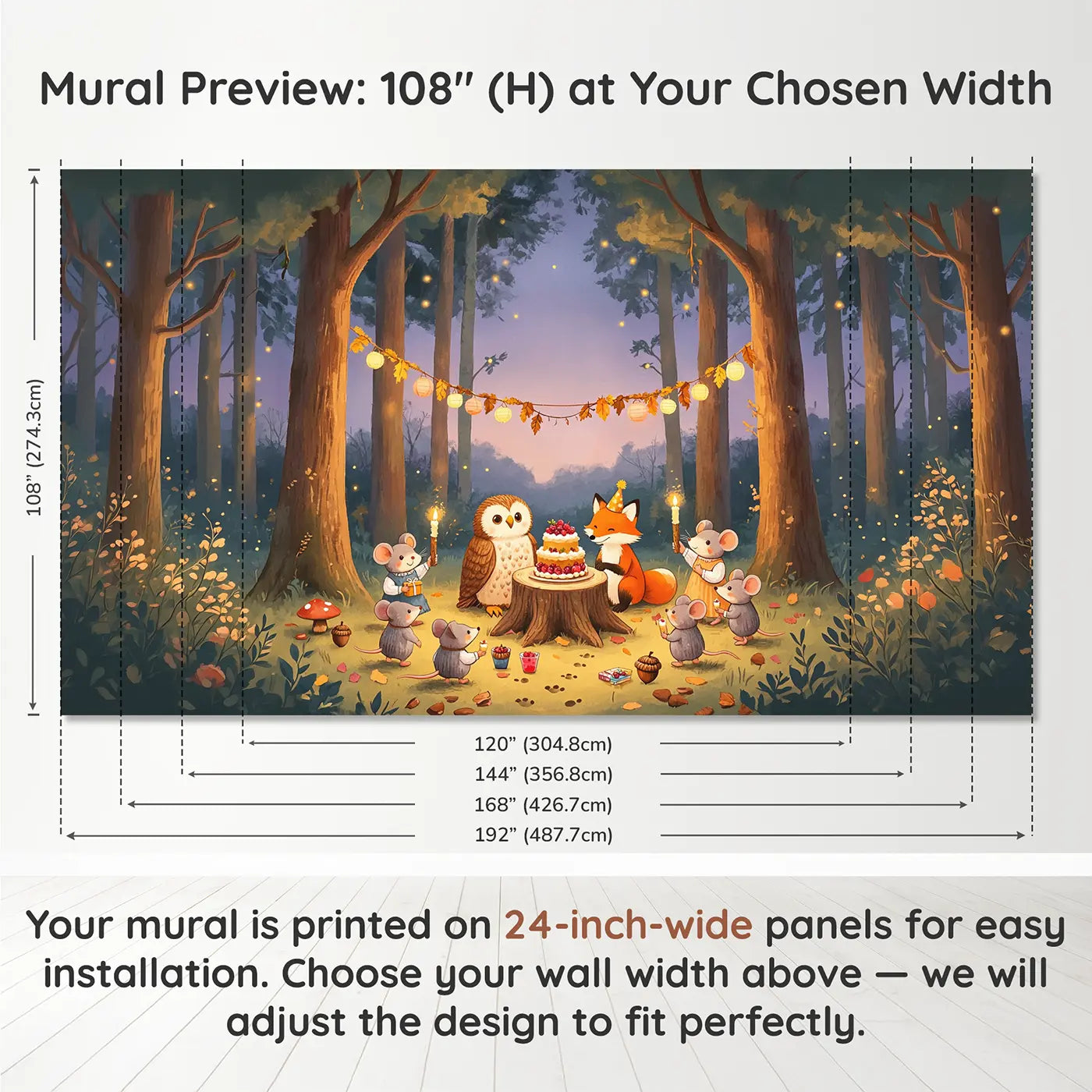 Panel layout and dimensions for Forest Birthday Party Wallpaper Mural by Whimsy Tots