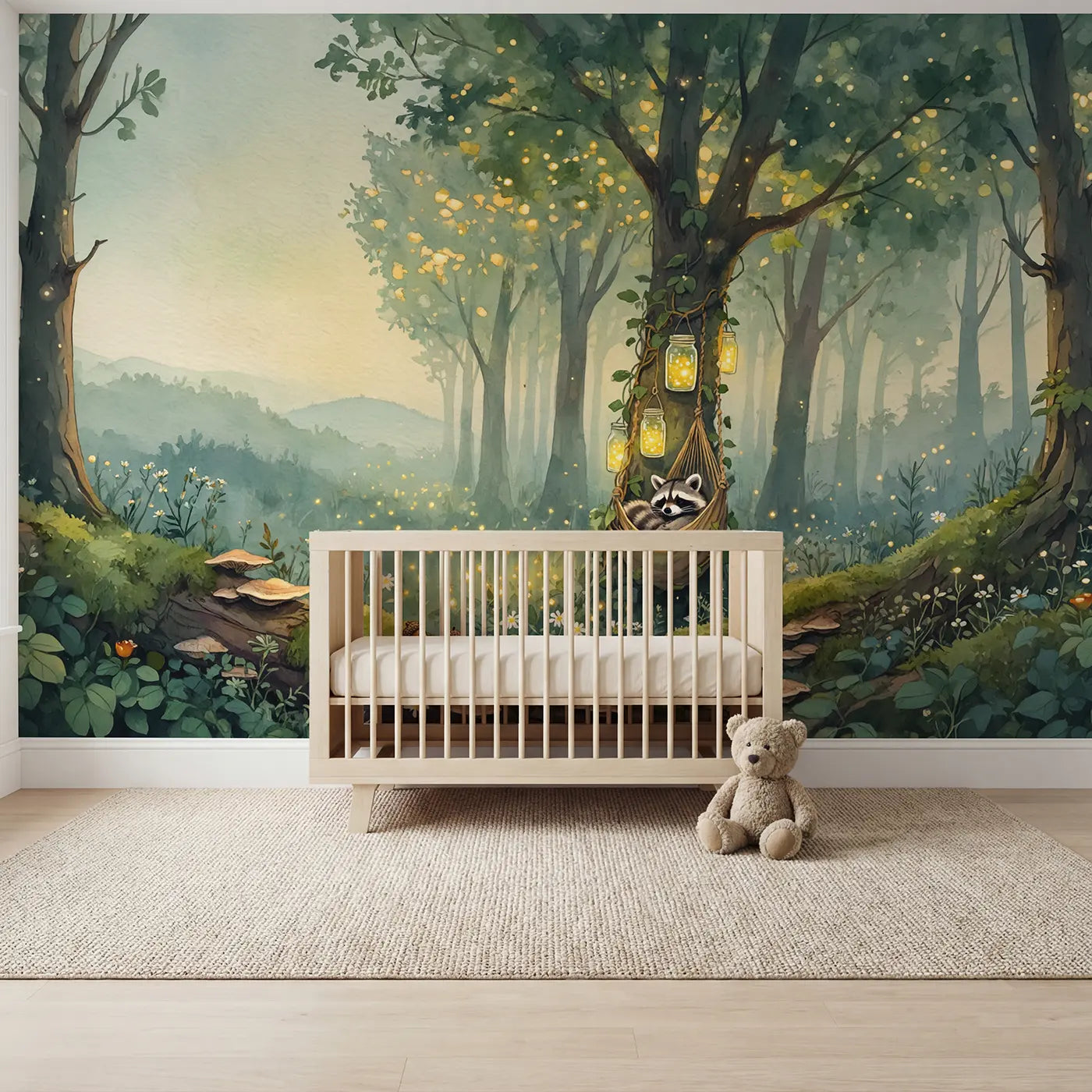 Watercolor raccoon hammock twilight forest wallpaper mural for nursery by Whimsy Tots