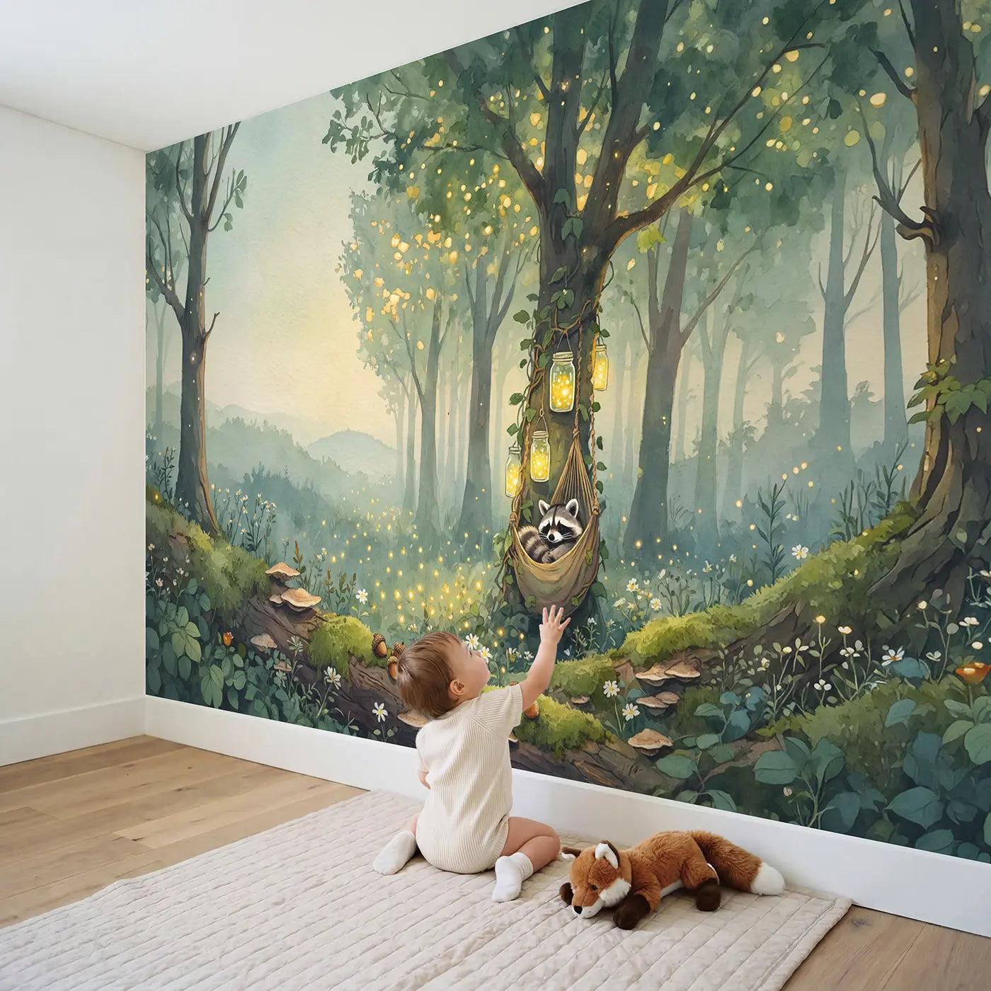 Child in nursery with Sleeping Raccoon Hammock Vines Wallpaper Mural by Whimsy Tots