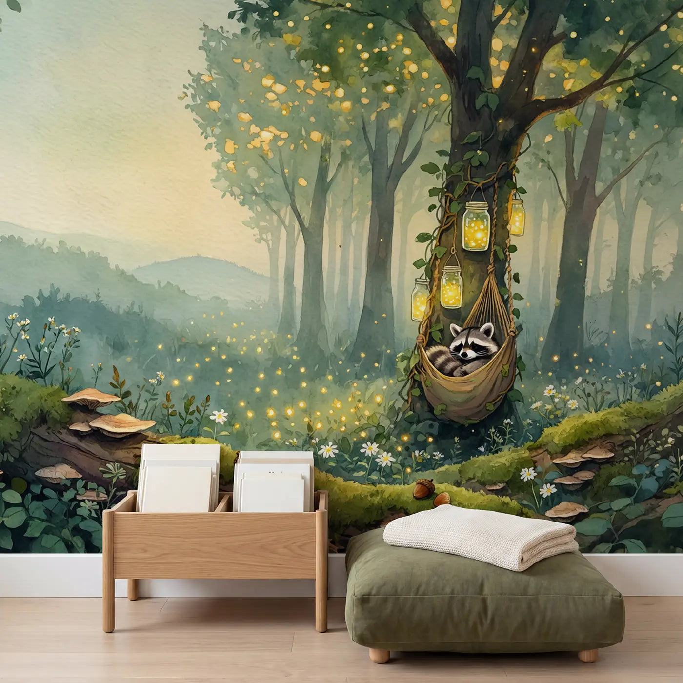 Sleeping Raccoon Hammock Vines Wallpaper Mural in playroom setting by Whimsy Tots