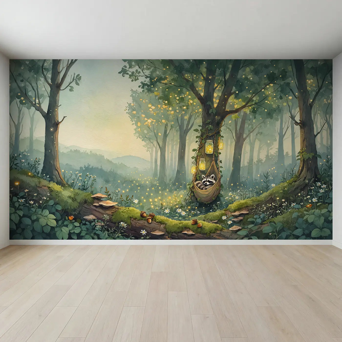 Full view of Sleeping Raccoon Hammock Vines Wallpaper Mural by Whimsy Tots