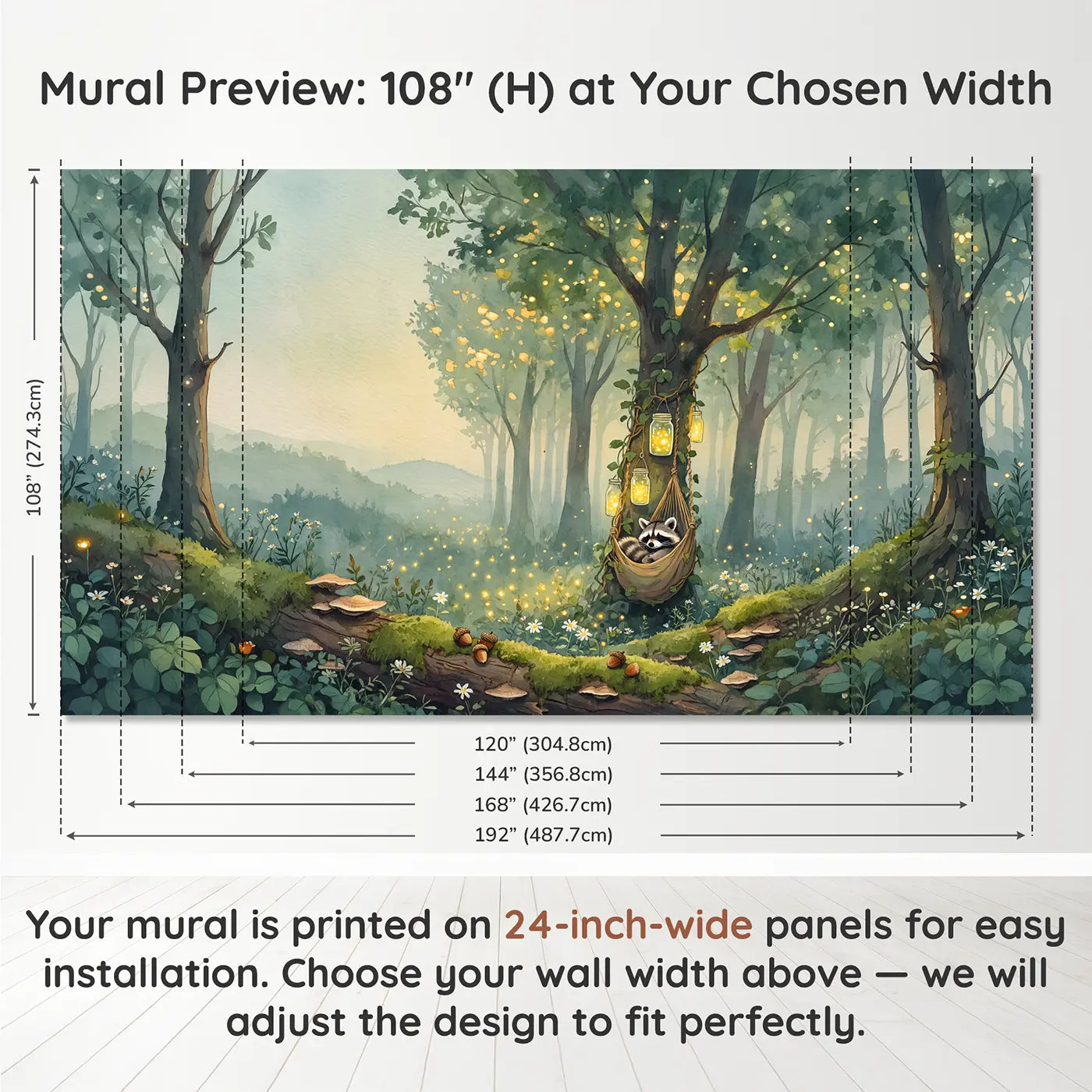 Panel layout and dimensions for Sleeping Raccoon Hammock Vines Wallpaper Mural by Whimsy Tots