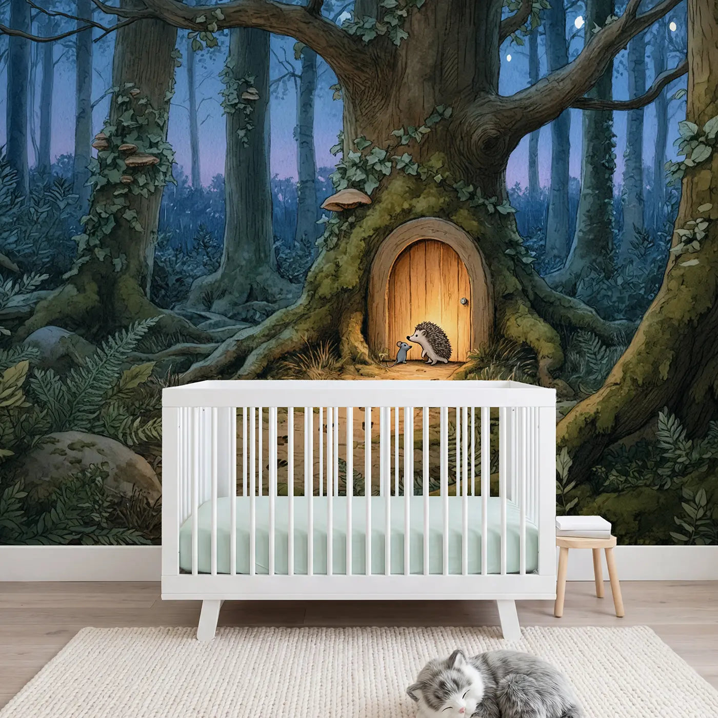 storybook secret tree door dusk woodland wallpaper mural for nursery by Whimsy Tots