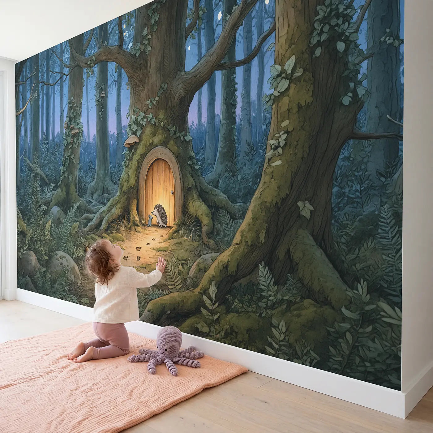 Child in nursery with Secret Tree Door at Dusk Wallpaper Mural by Whimsy Tots