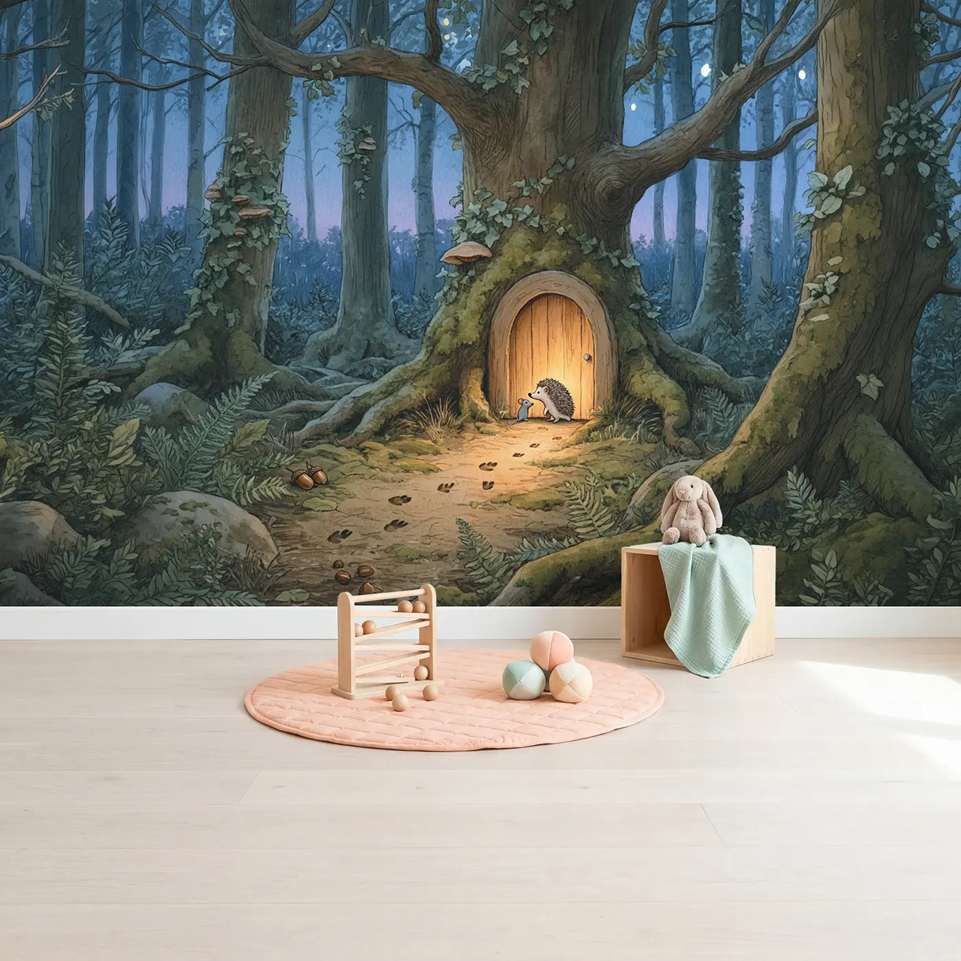 Secret Tree Door at Dusk Wallpaper Mural in playroom setting by Whimsy Tots
