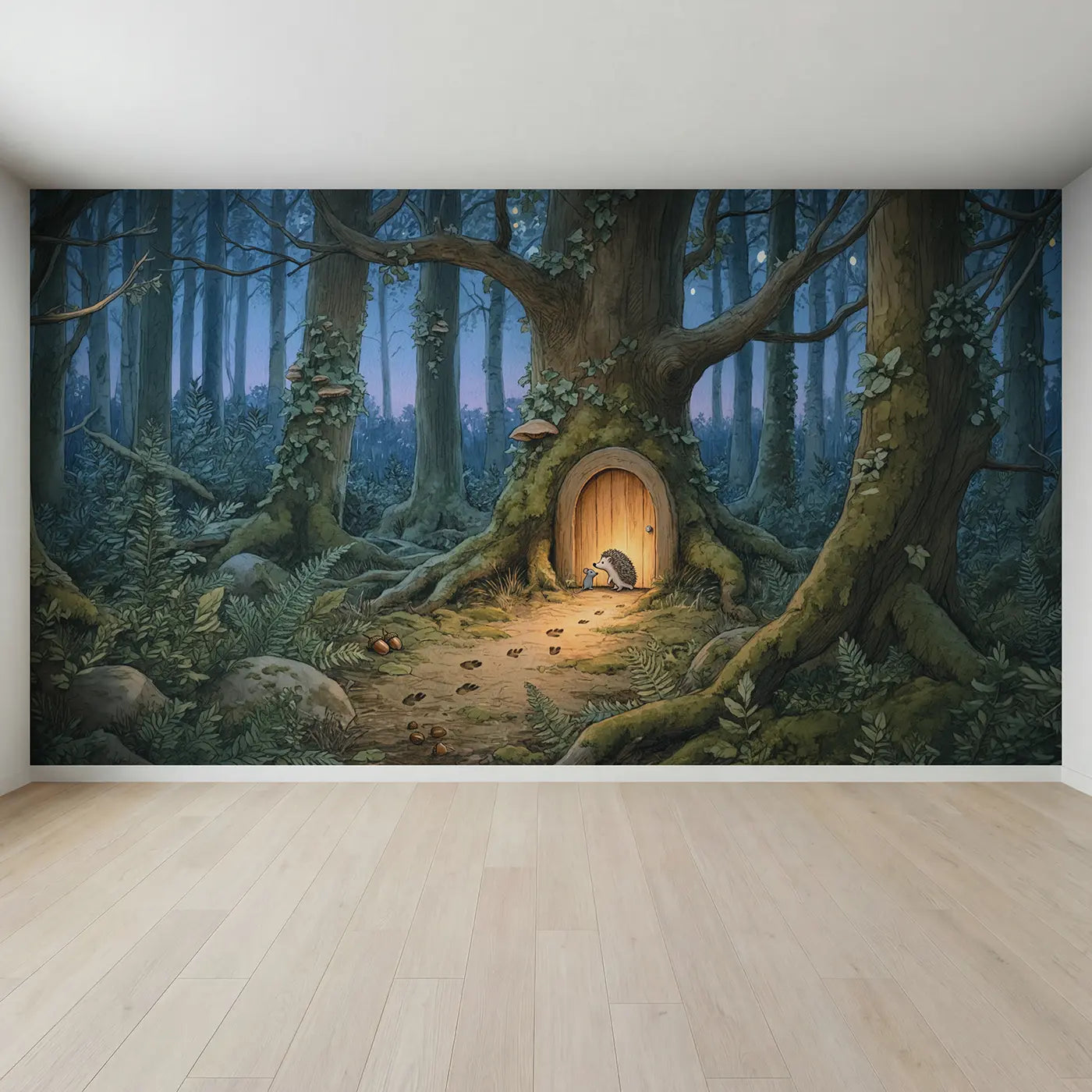 Full view of Secret Tree Door at Dusk Wallpaper Mural by Whimsy Tots