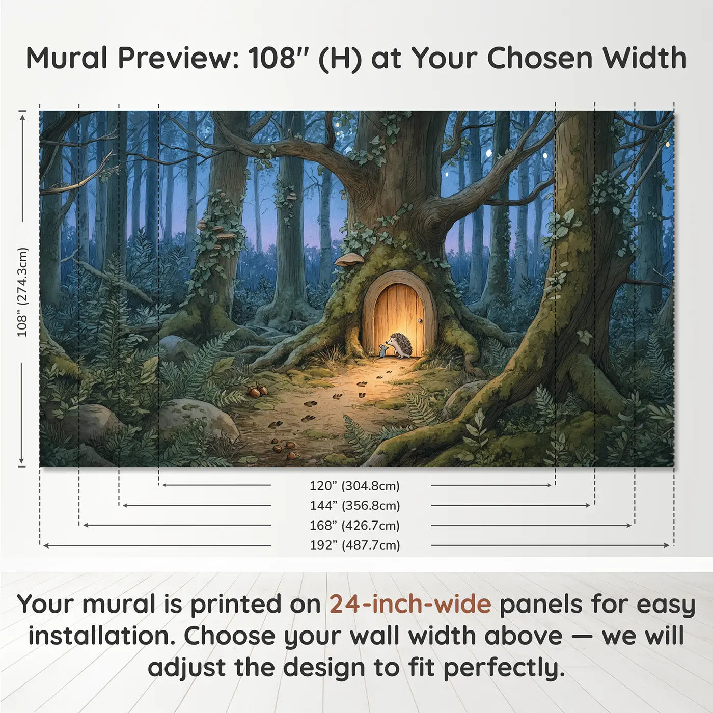 Panel layout and dimensions for Secret Tree Door at Dusk Wallpaper Mural by Whimsy Tots