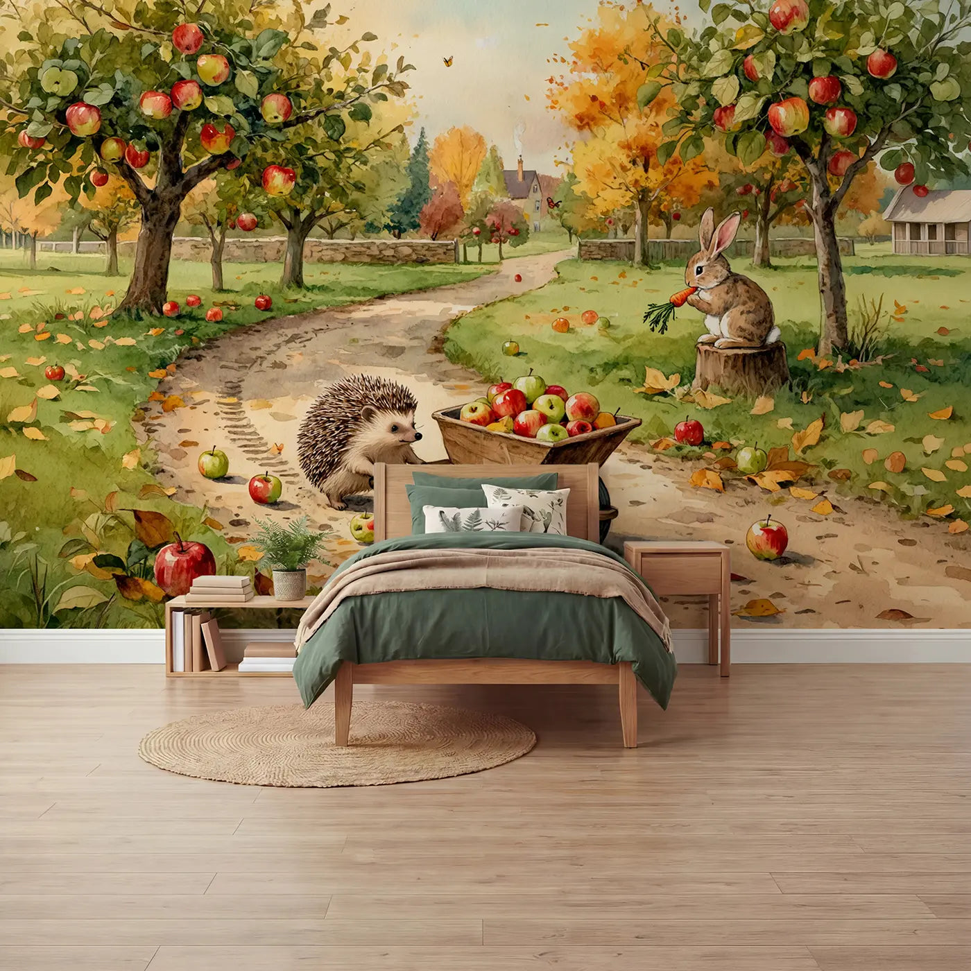 Watercolor hedgehog apple harvest autumn forest wallpaper mural for kids room by Whimsy Tots