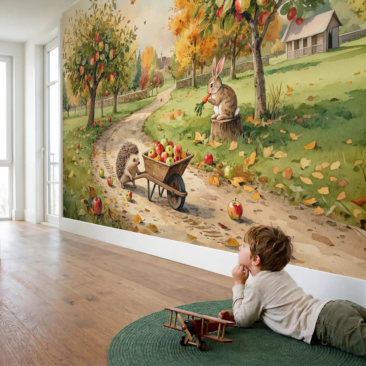 Child in nursery with Hedgehog Apple Harvest Wallpaper Mural by Whimsy Tots