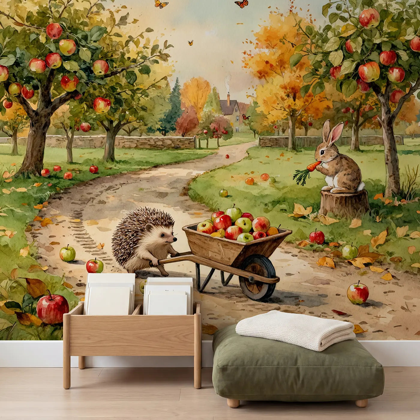 Hedgehog Apple Harvest Wallpaper Mural in playroom setting by Whimsy Tots