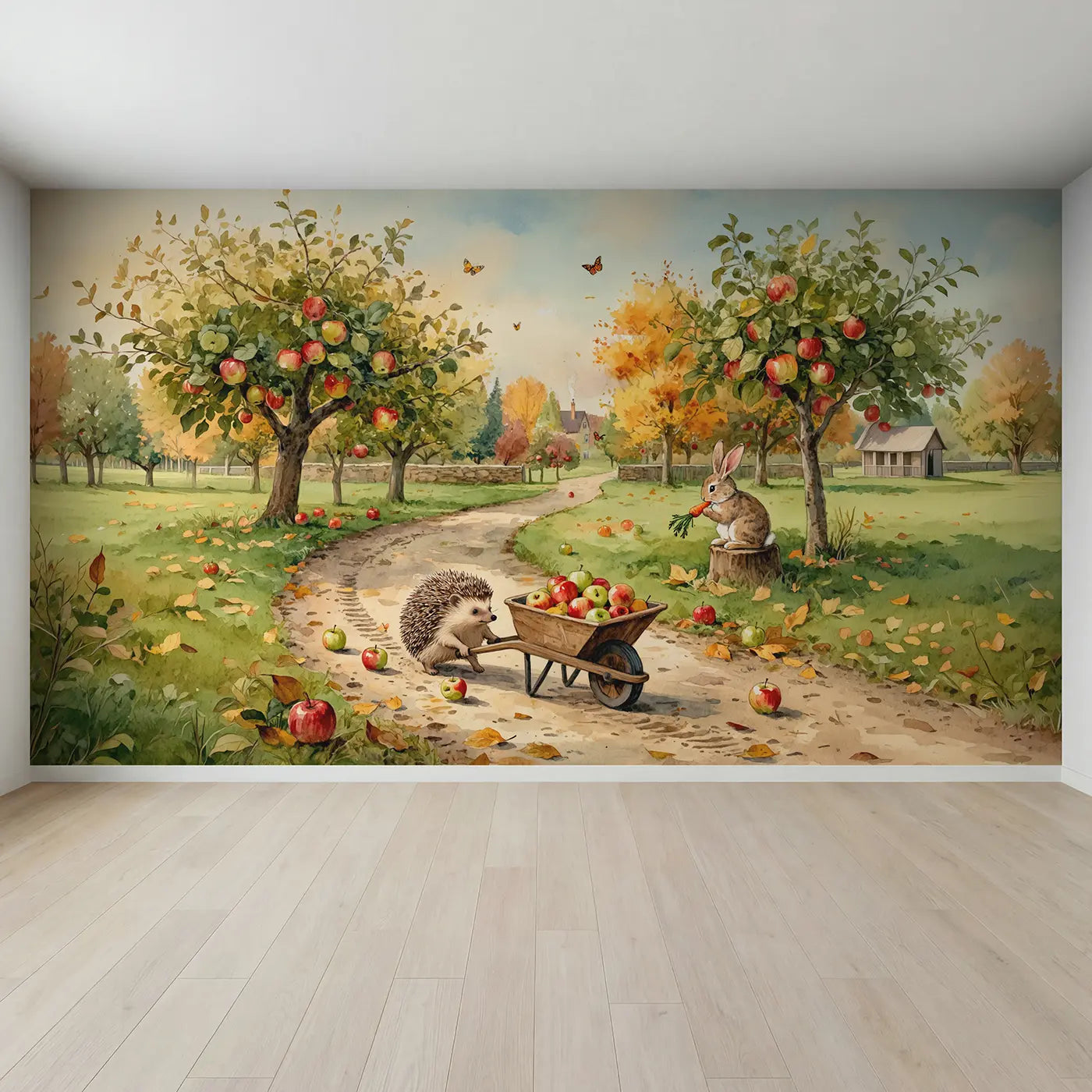 Full view of Hedgehog Apple Harvest Wallpaper Mural by Whimsy Tots