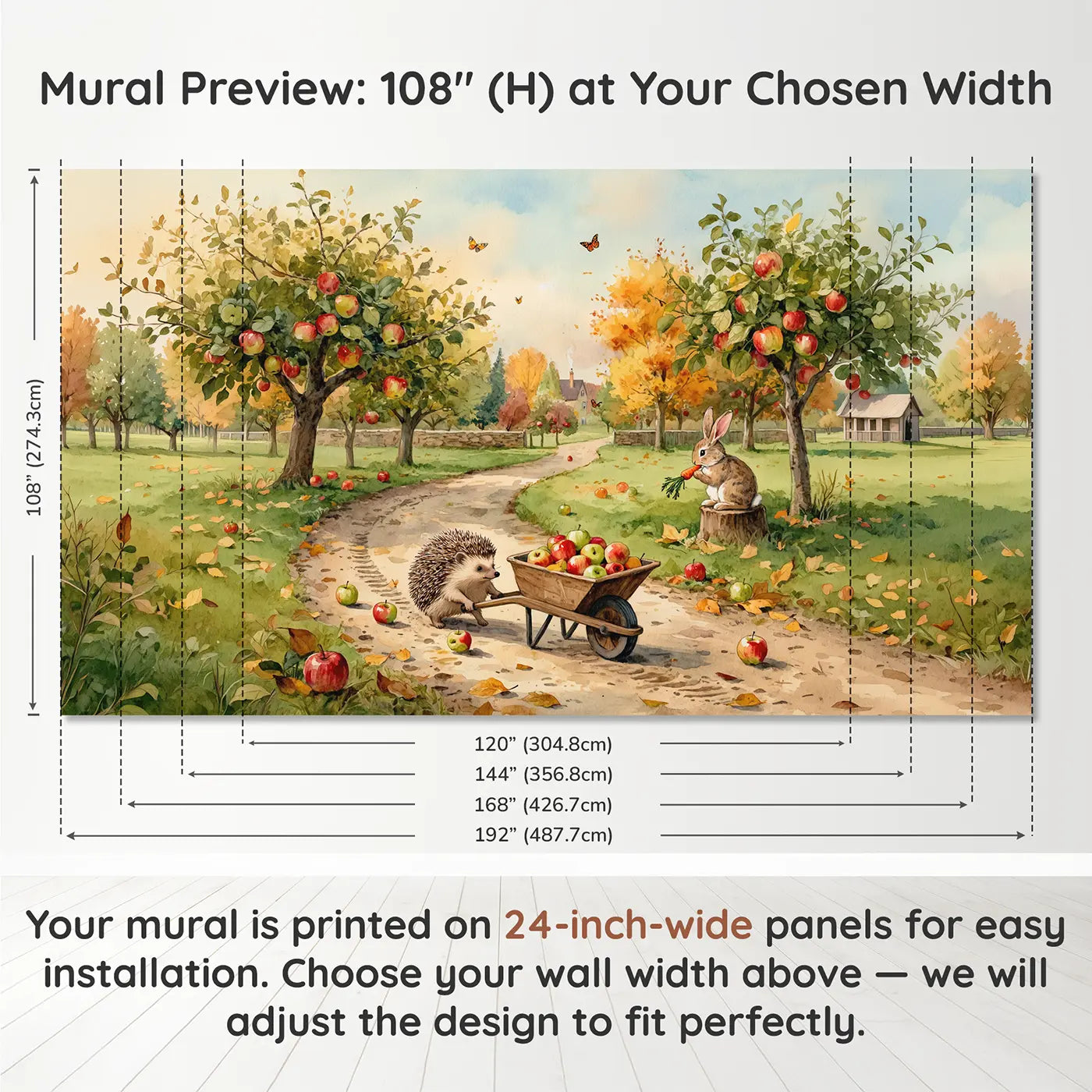 Panel layout and dimensions for Hedgehog Apple Harvest Wallpaper Mural by Whimsy Tots
