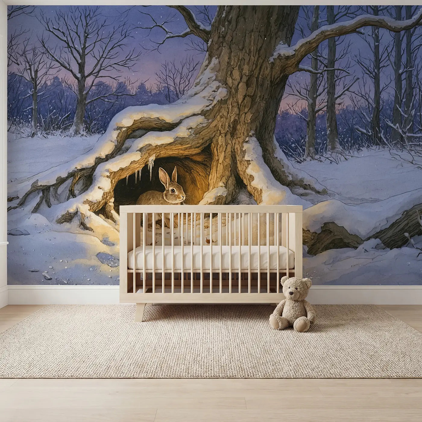 Storybook winter rabbit burrow snow forest wallpaper mural for nursery by Whimsy Tots