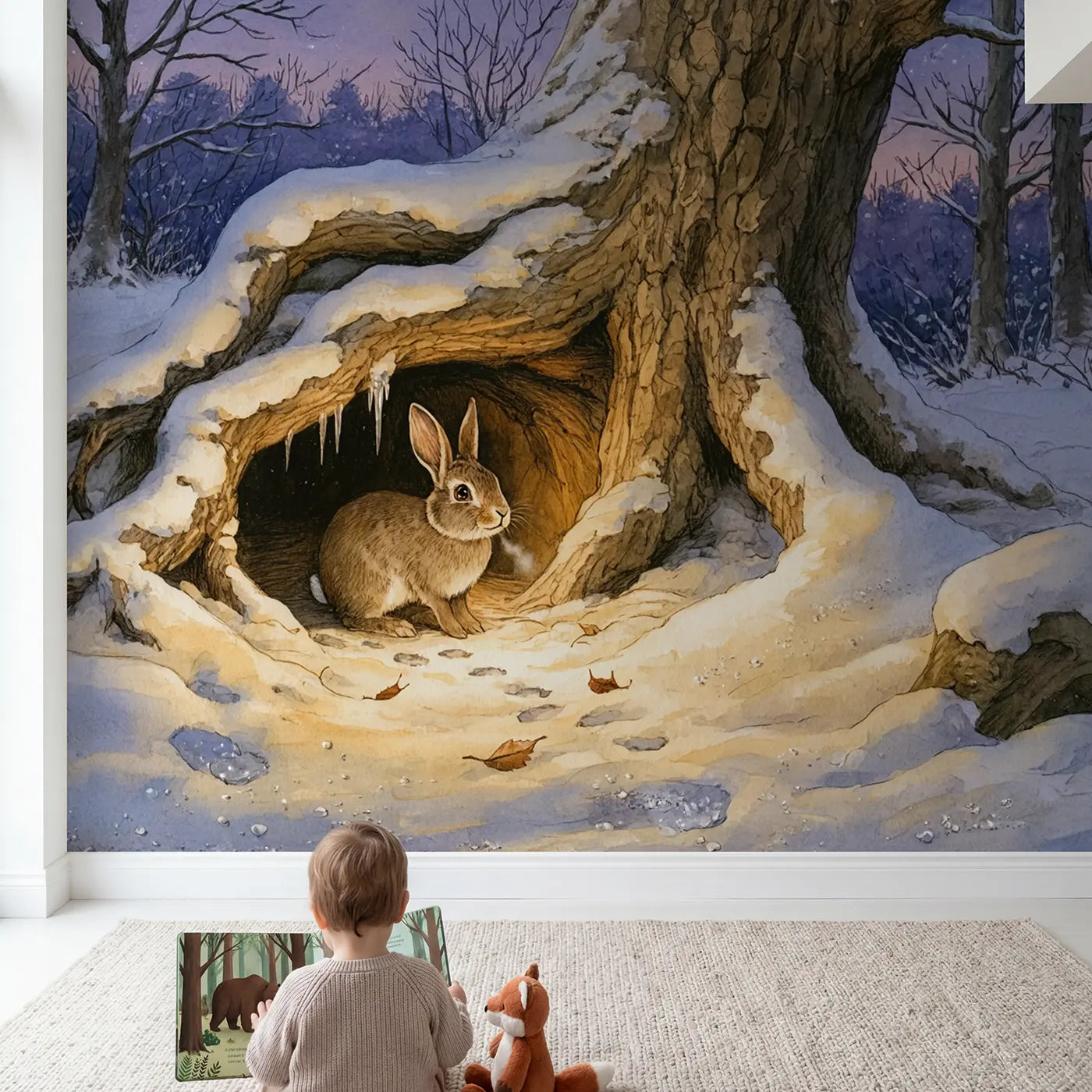 Child in nursery with Winter Rabbit Burrow Wallpaper Mural by Whimsy Tots
