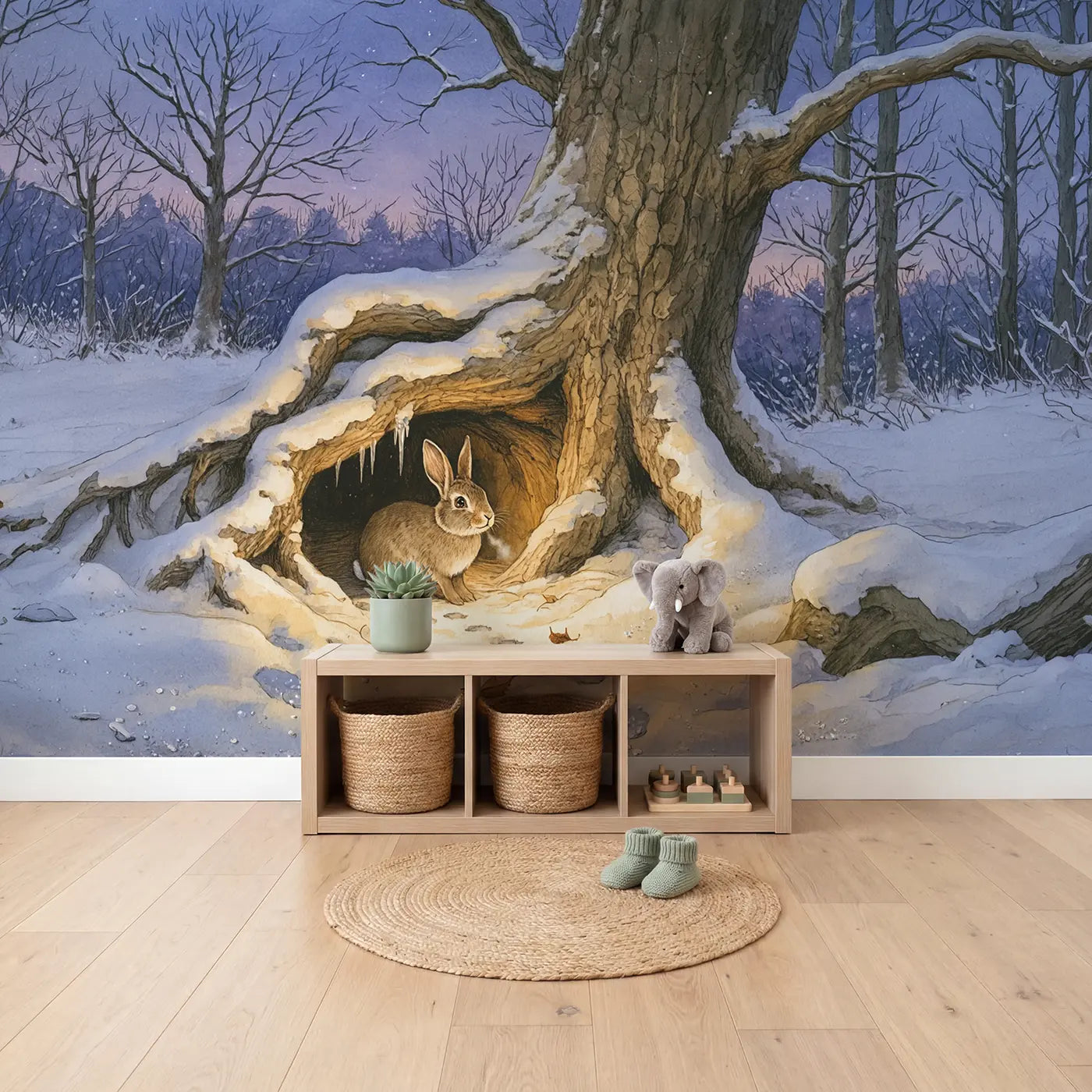 Winter Rabbit Burrow Wallpaper Mural in playroom setting by Whimsy Tots