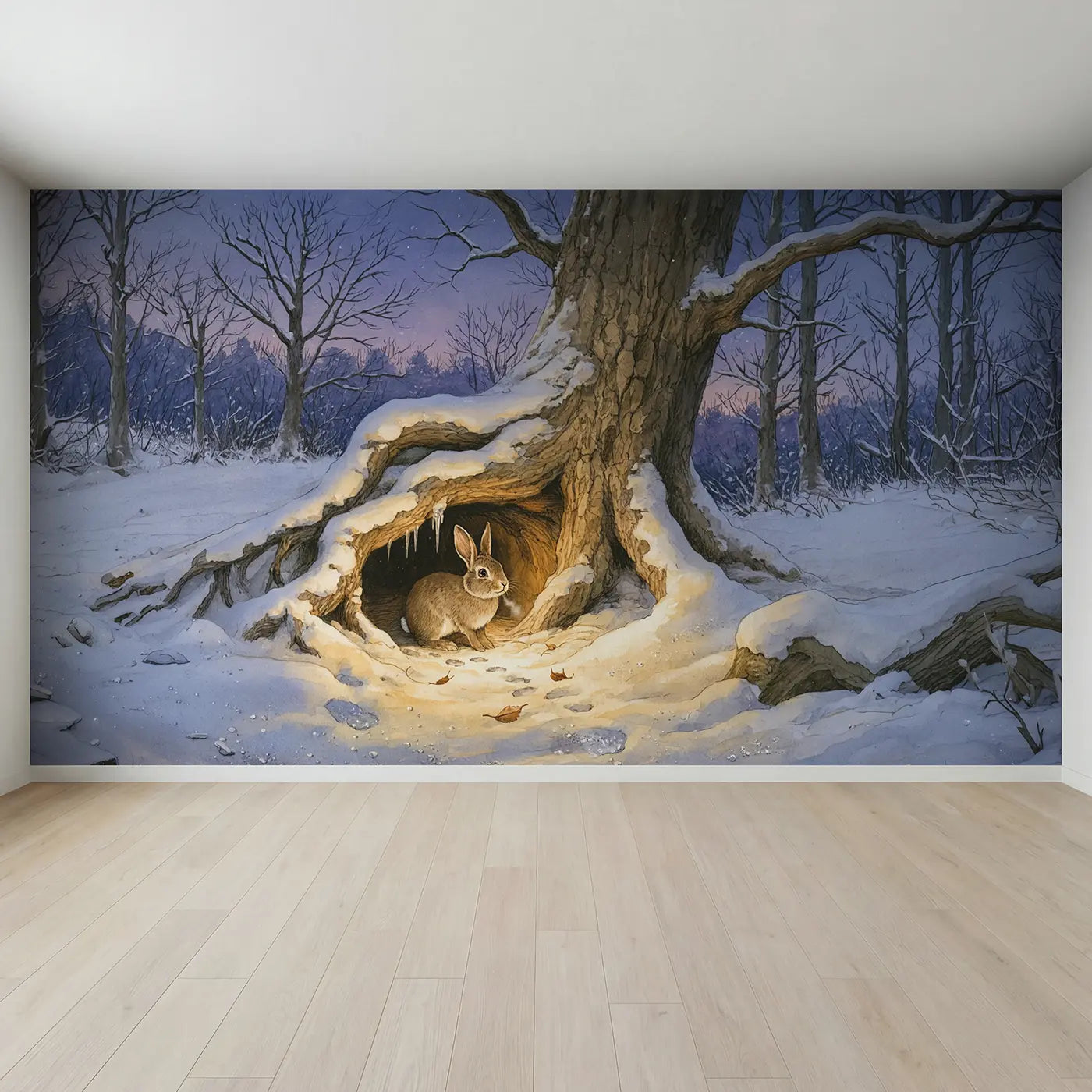 Full view of Winter Rabbit Burrow Wallpaper Mural by Whimsy Tots