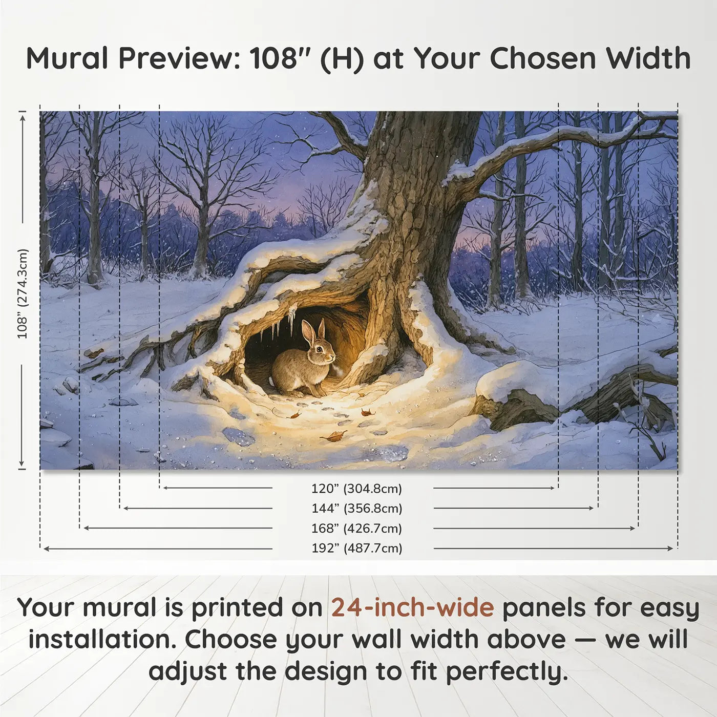 Panel layout and dimensions for Winter Rabbit Burrow Wallpaper Mural by Whimsy Tots