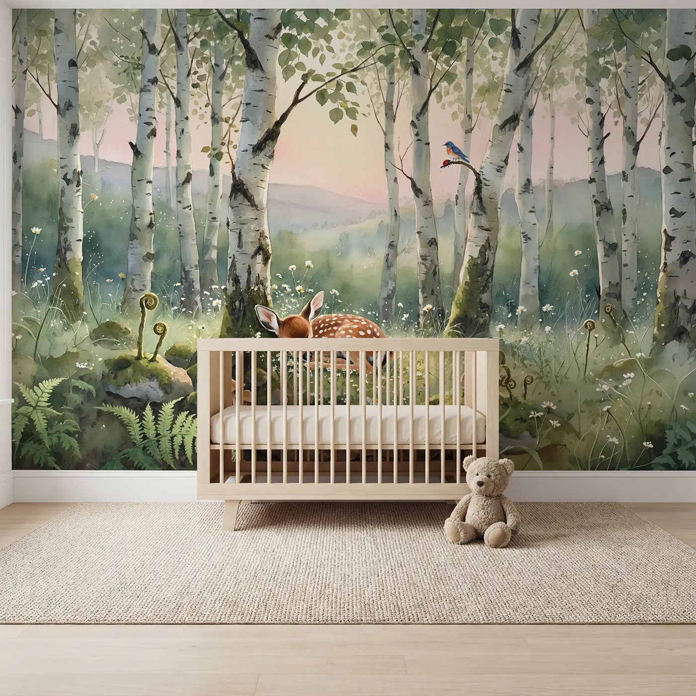Watercolor deer and fawn forest wallpaper mural for nursery by Whimsy Tots