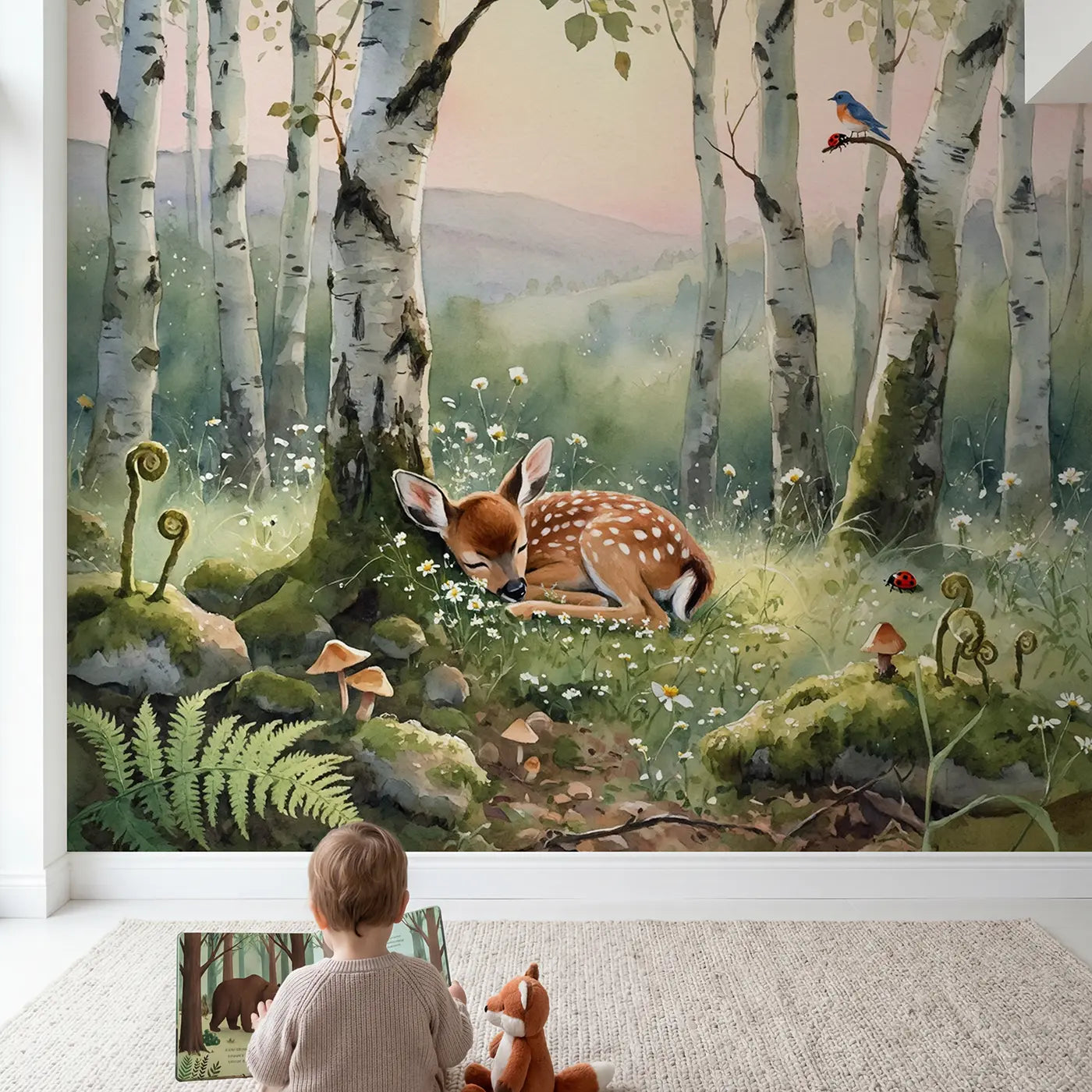 Child in nursery with Sleepy Fawn Birch Grove Wallpaper Mural by Whimsy Tots