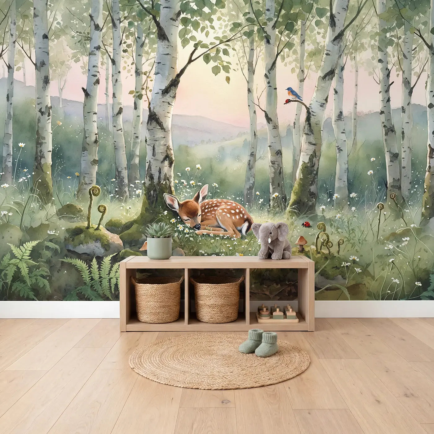 Sleepy Fawn Birch Grove Wallpaper Mural in playroom setting by Whimsy Tots