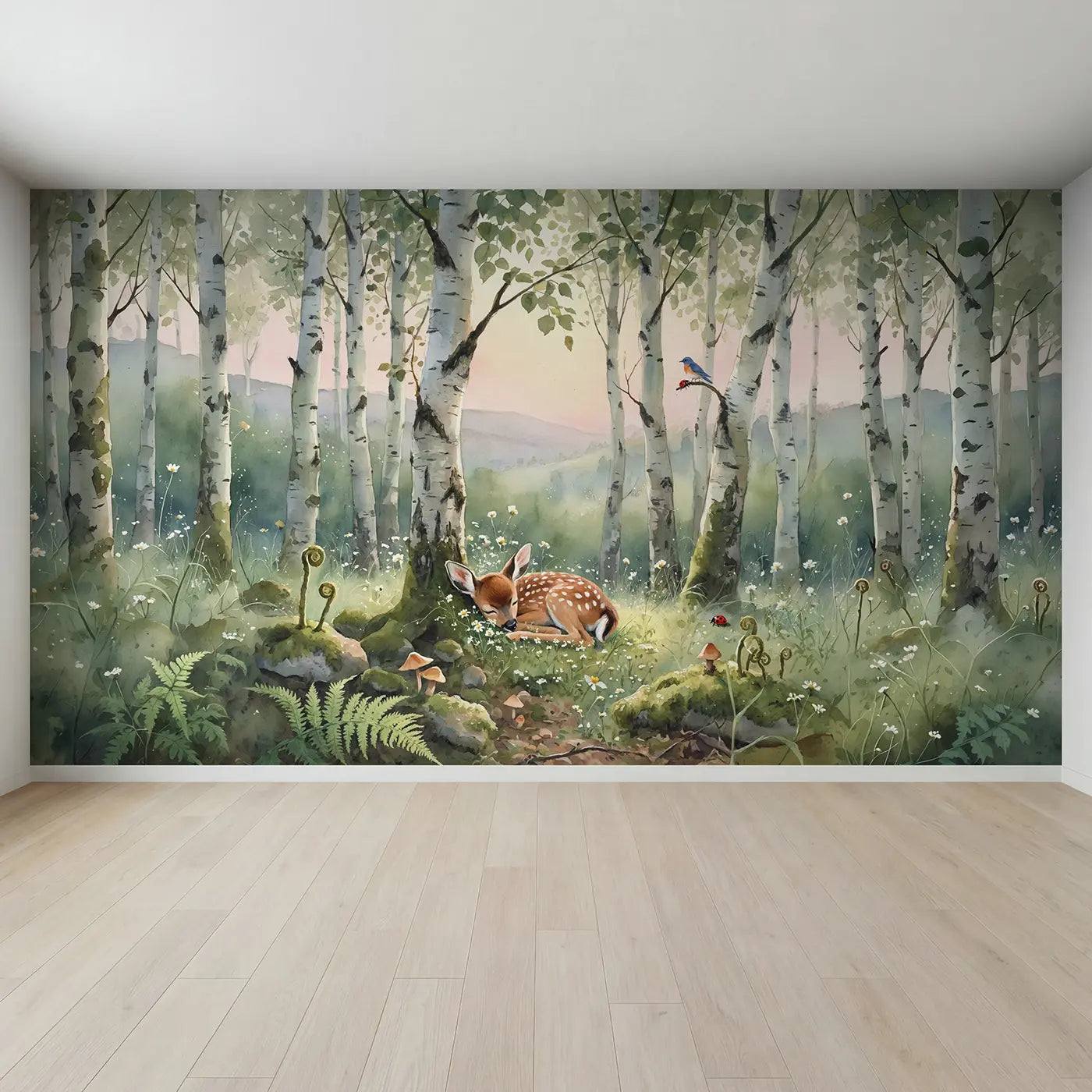 Full view of Sleepy Fawn Birch Grove Wallpaper Mural by Whimsy Tots