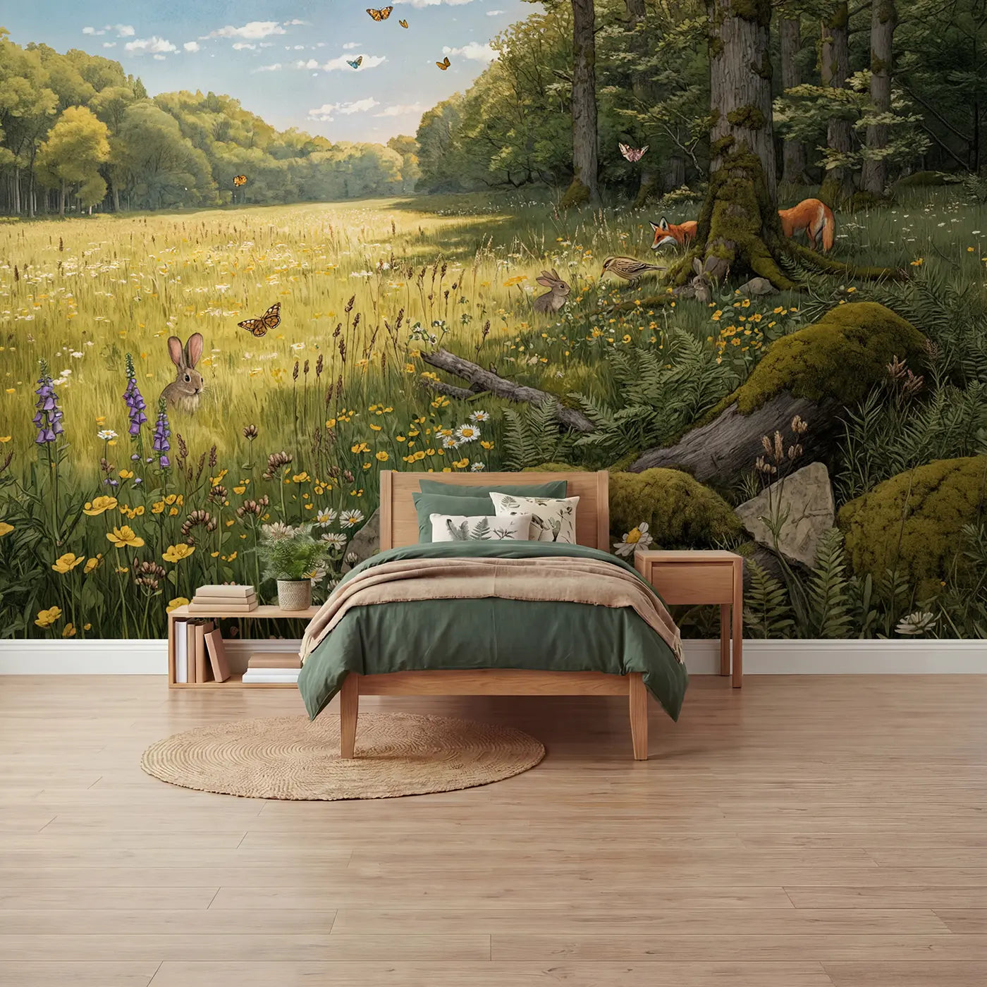 Storybook wildflower meadow fox forest edge wallpaper mural for kids room by Whimsy Tots