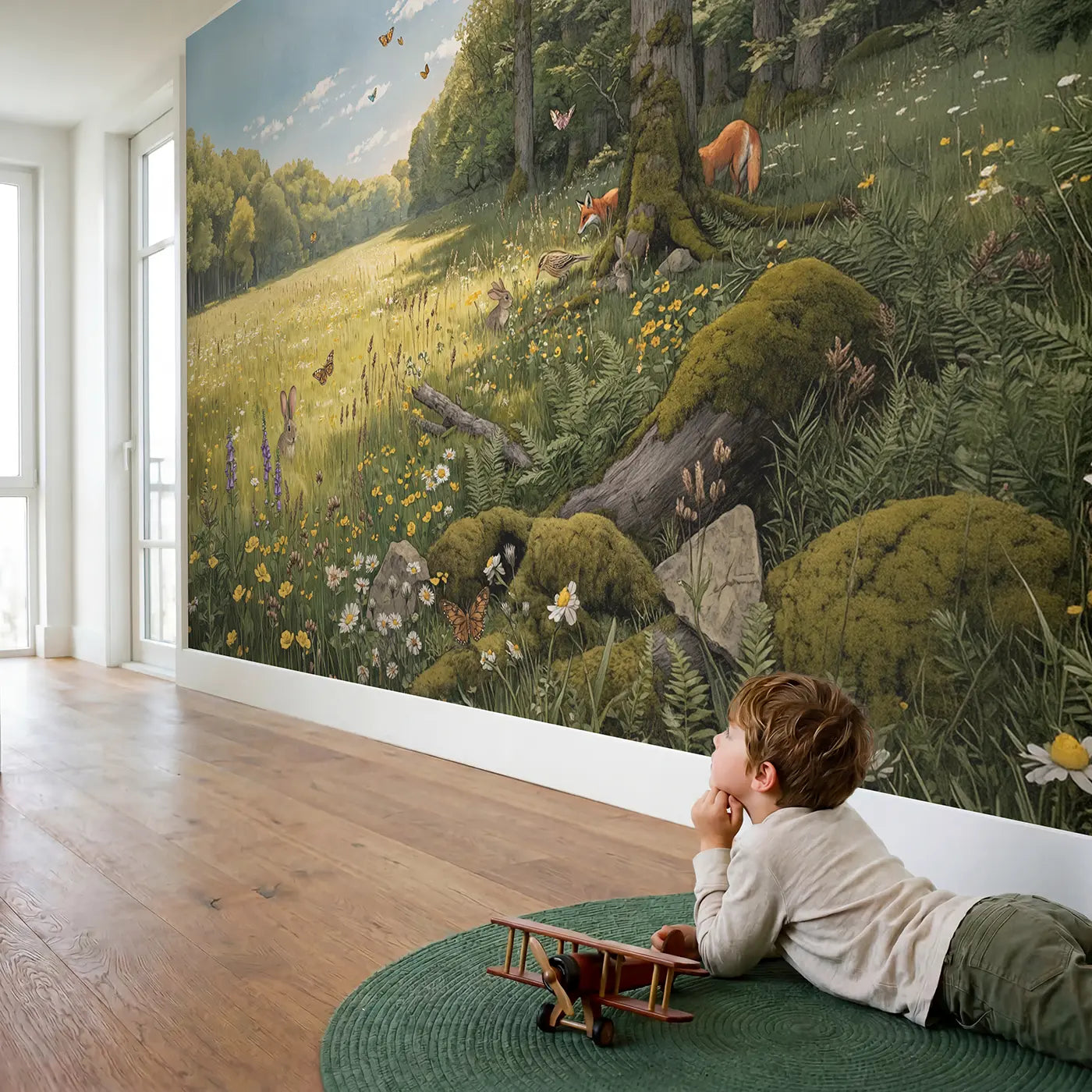 Child in nursery with Wildflower Meadow Forest Edge Wallpaper Mural by Whimsy Tots