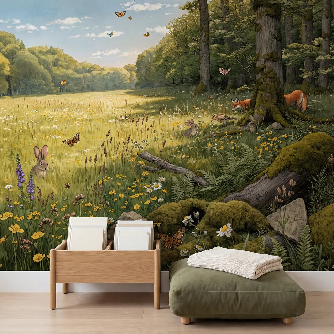 Wildflower Meadow Forest Edge Wallpaper Mural in playroom setting by Whimsy Tots