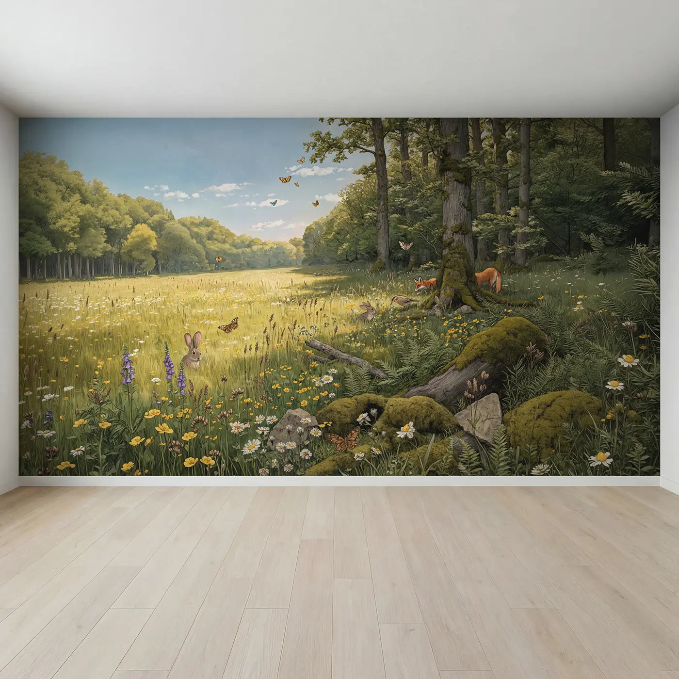 Full view of Wildflower Meadow Forest Edge Wallpaper Mural by Whimsy Tots