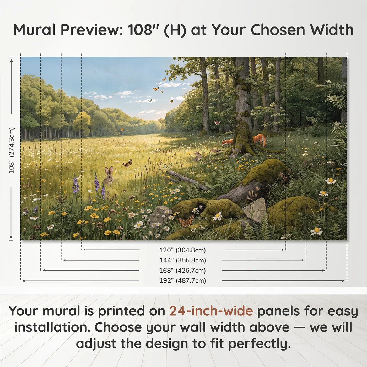 Panel layout and dimensions for Wildflower Meadow Forest Edge Wallpaper Mural by Whimsy Tots